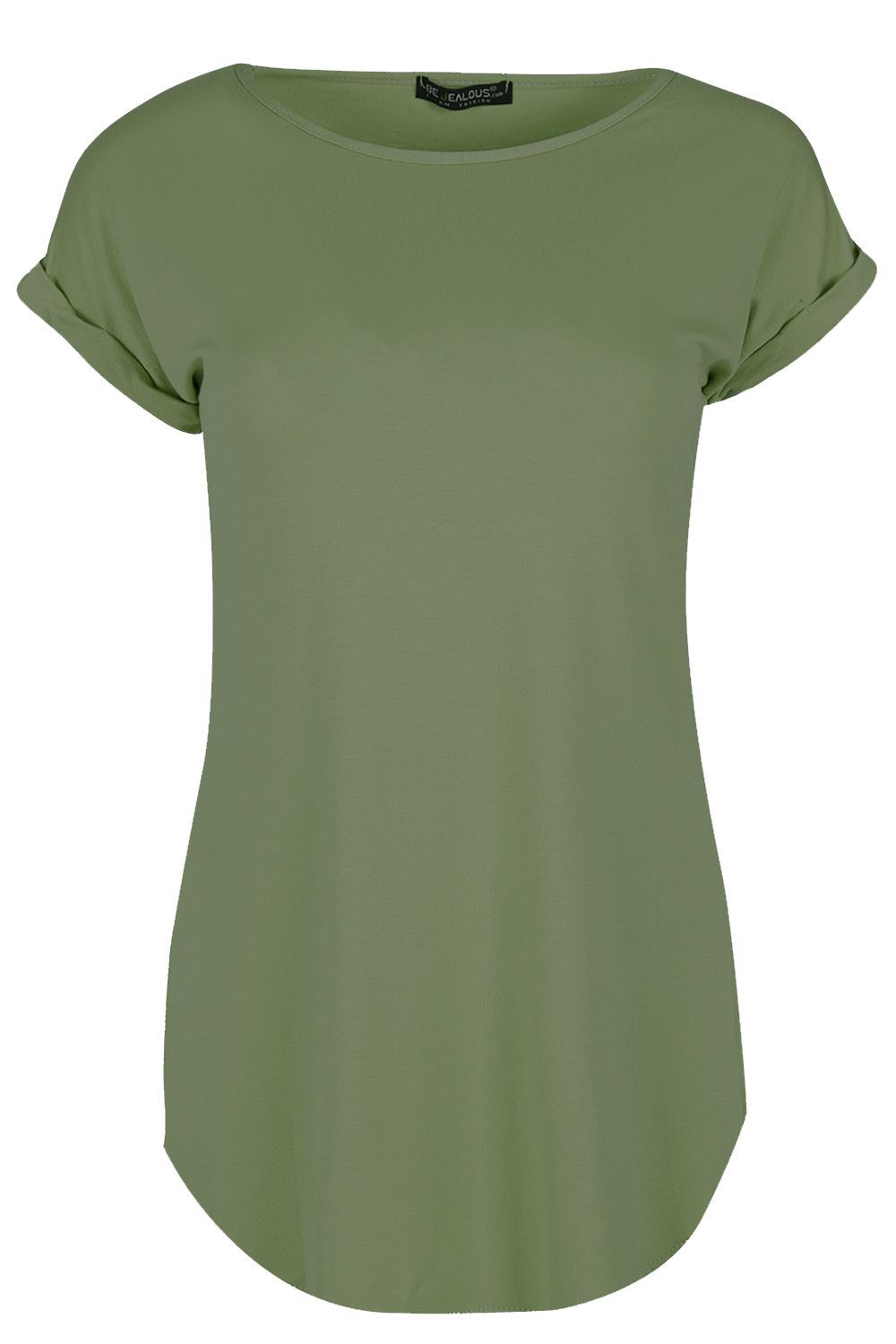 Womens Ladies Turn Up Sleeve Round Neck Curved Hem Bonjour Jersey T-Shirt Top - Picture 11 of 49