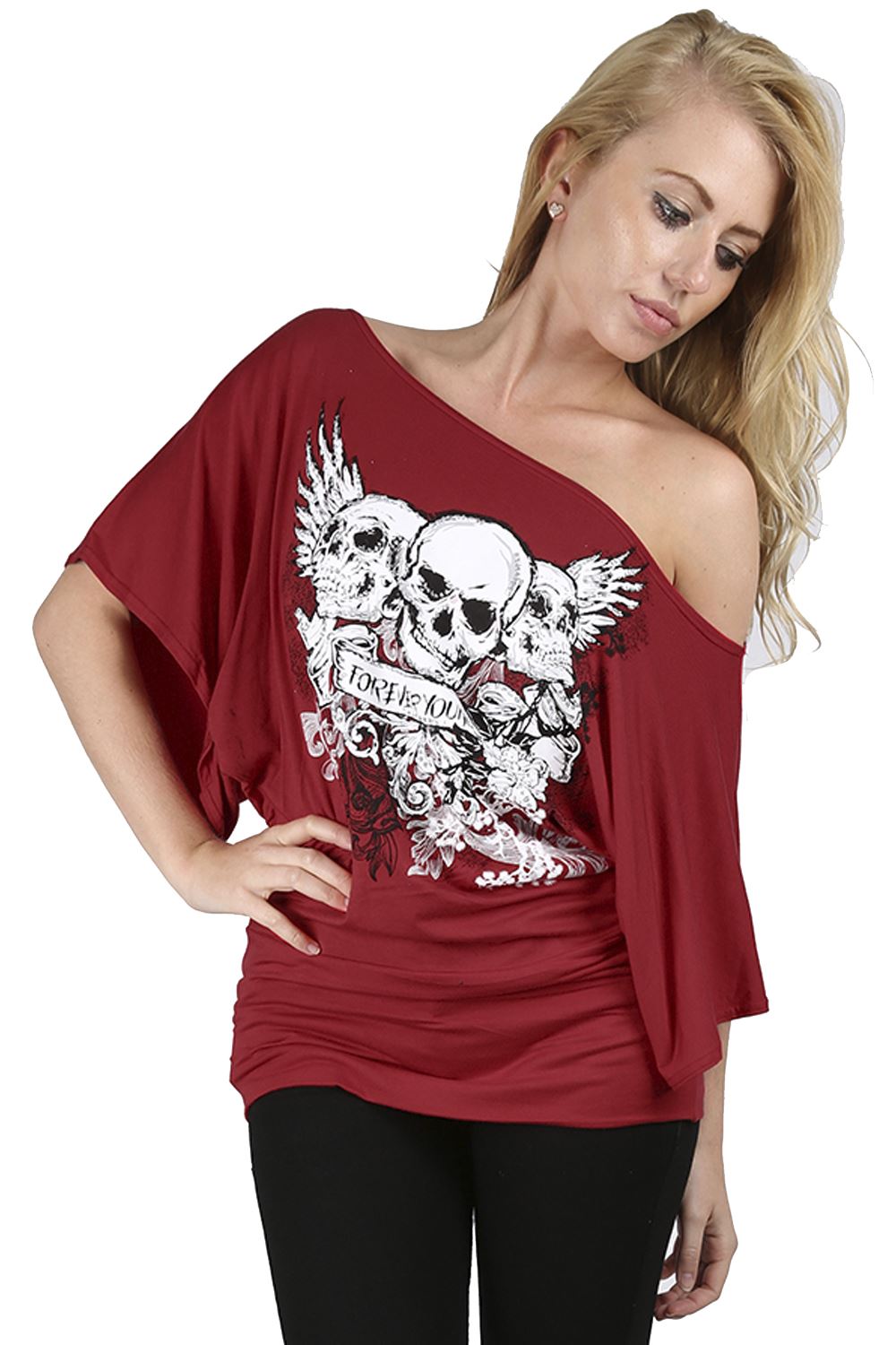 Plus Size Ladies Womens Off One Shoulder Skull Bardot Batwing Sleeve T Shirt Top - Picture 11 of 11