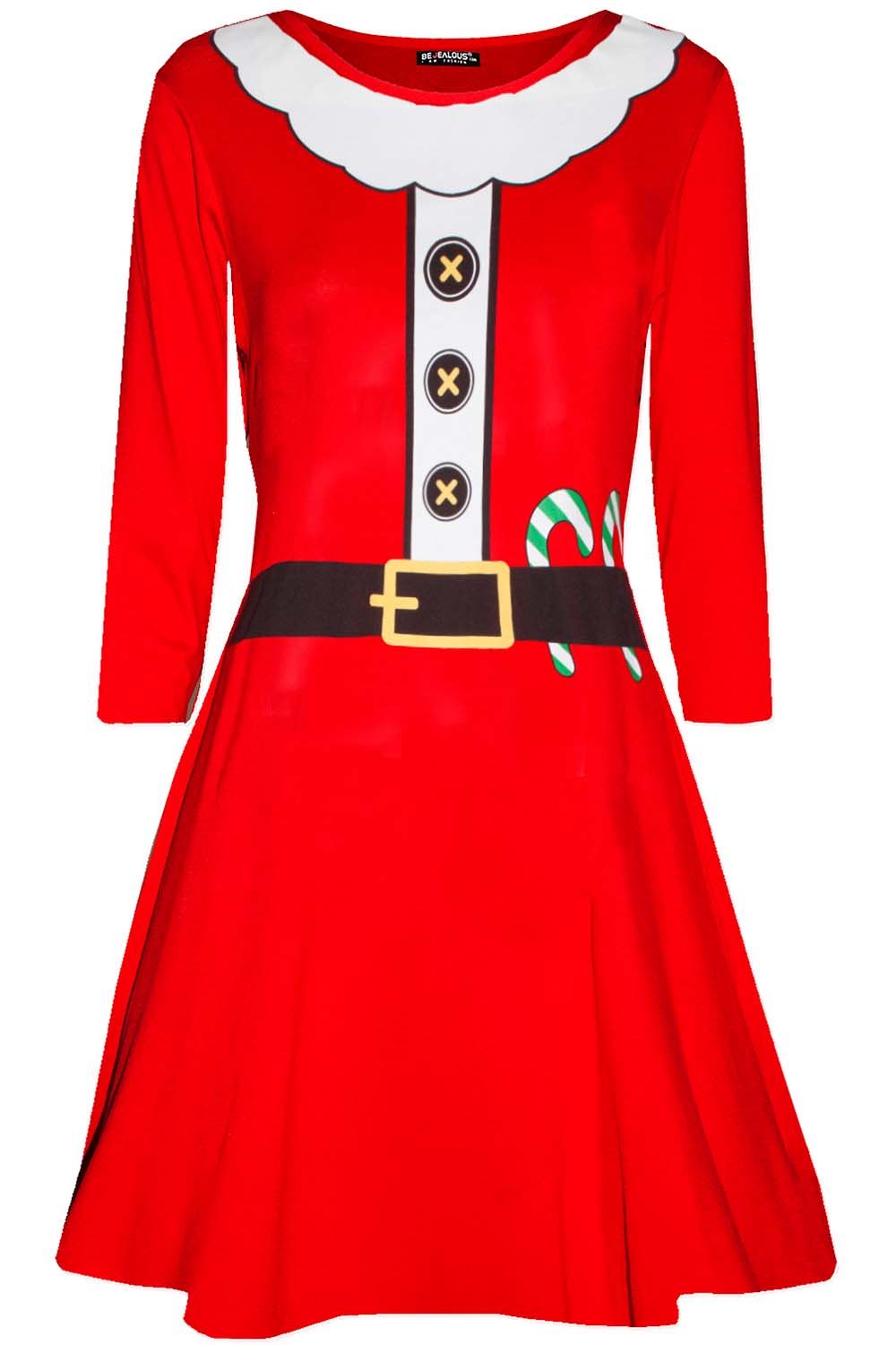 Girls Kids Christmas Santa Elf Costume Round Neck Long Sleeve Flared Swing Dress - Picture 8 of 9