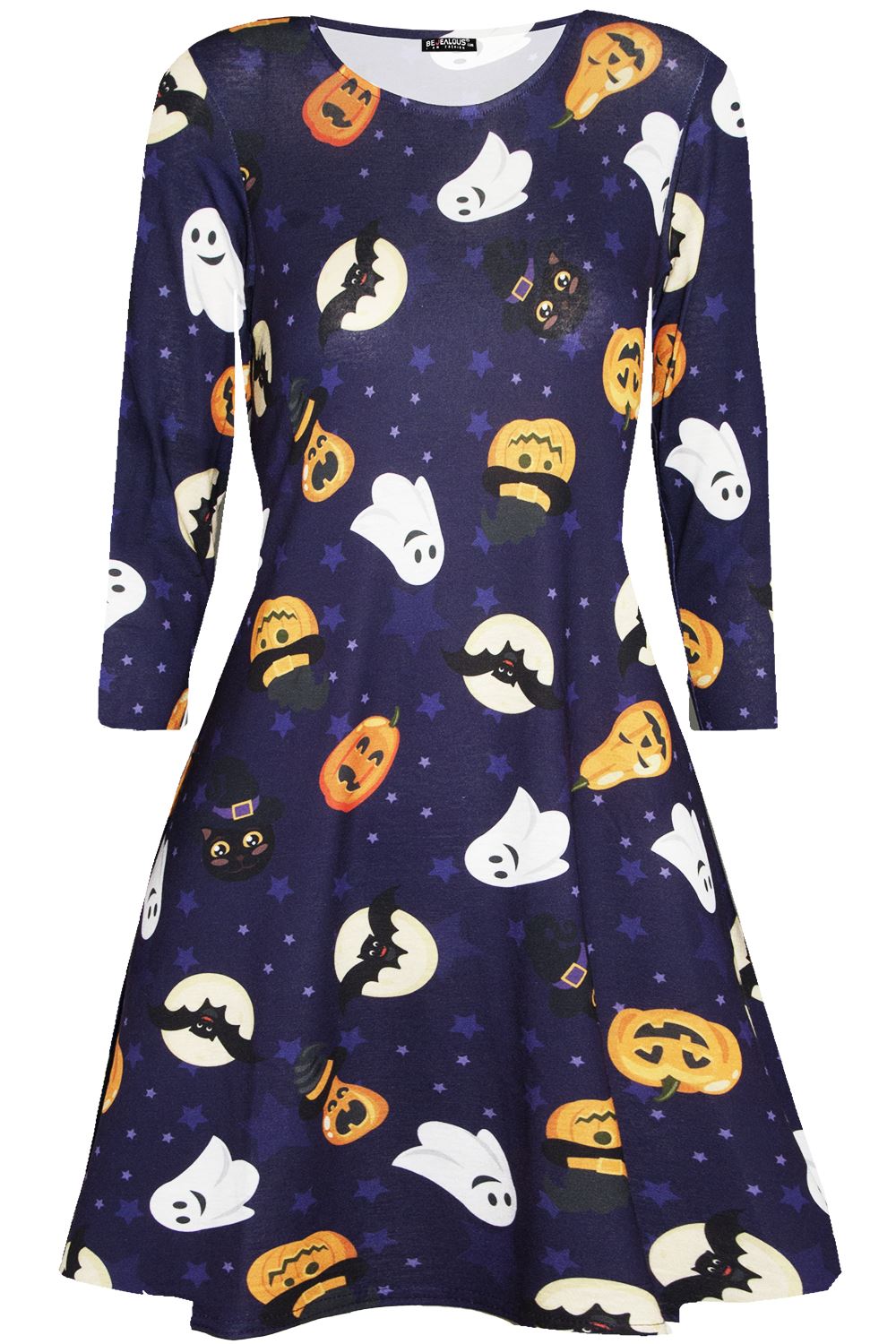Ladies Long Sleeve Spider Skeleton Halloween Smock Pumpkin Womens Swing Dress - Picture 23 of 52