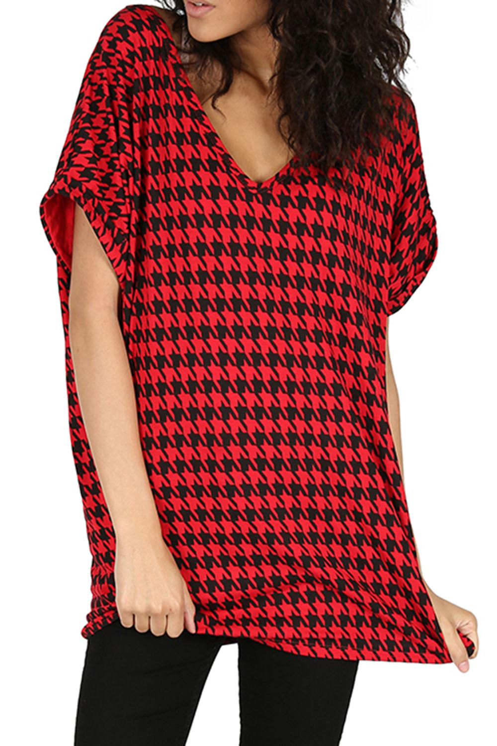 Womens T Shirt Ladies Oversized Baggy Top V Neck Short Batwing Sleeve