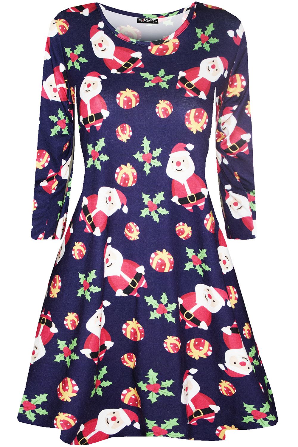 Kids Christmas Printed Casual Long Sleeve Girls Xmas Flared Mini Swing Dresses - Picture 28 of 30