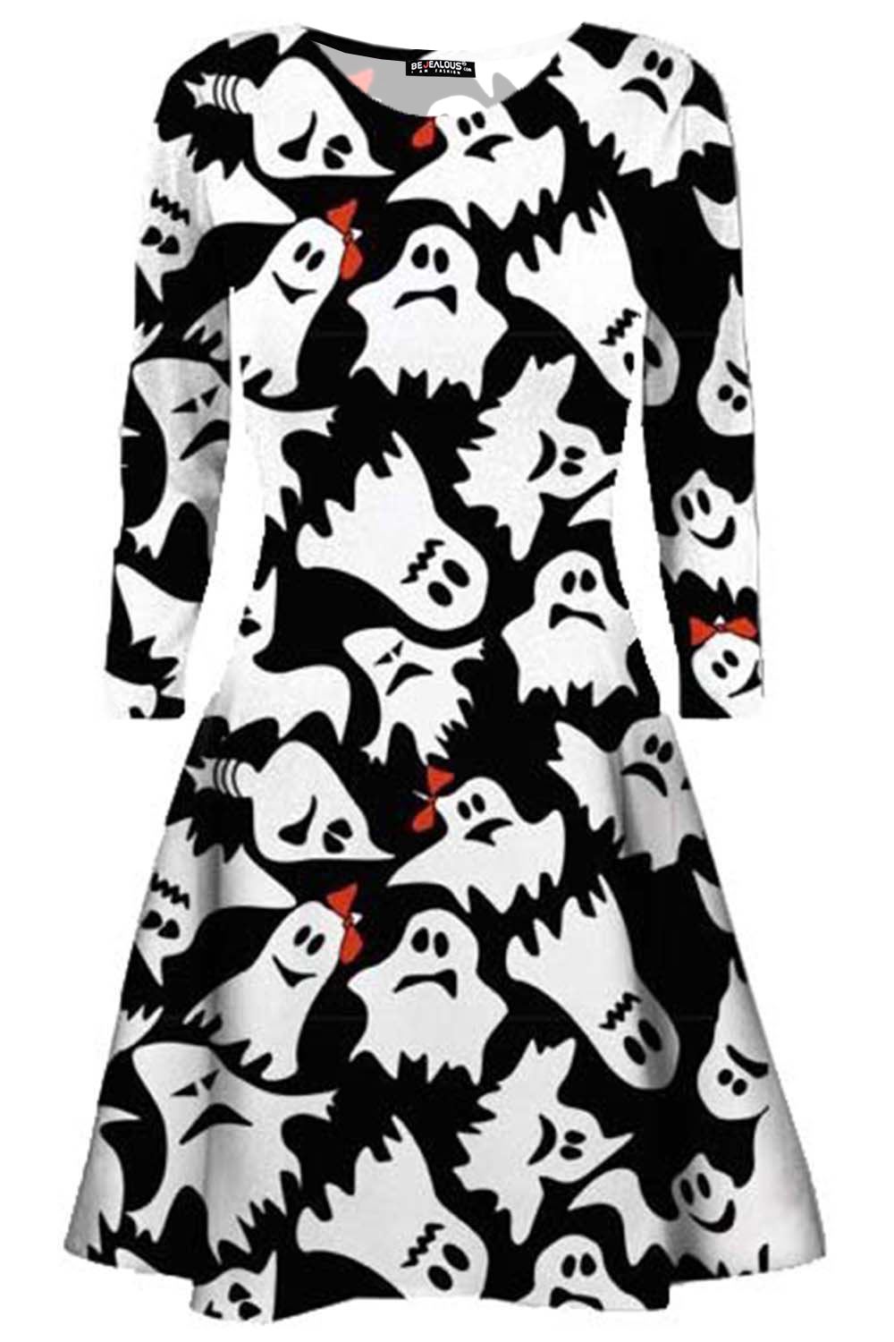 Ladies Long Sleeve Spider Skeleton Halloween Smock Pumpkin Womens Swing Dress - Picture 20 of 52