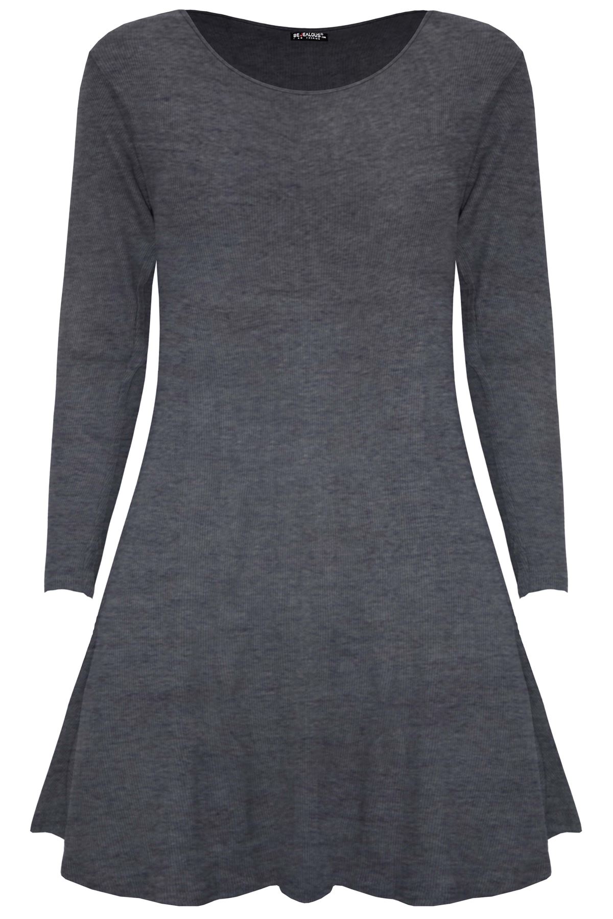 Womens Ladies Smock Ribbed Long Sleeve Stretchy A-Line Swing Flared Mini Dress - Picture 6 of 13