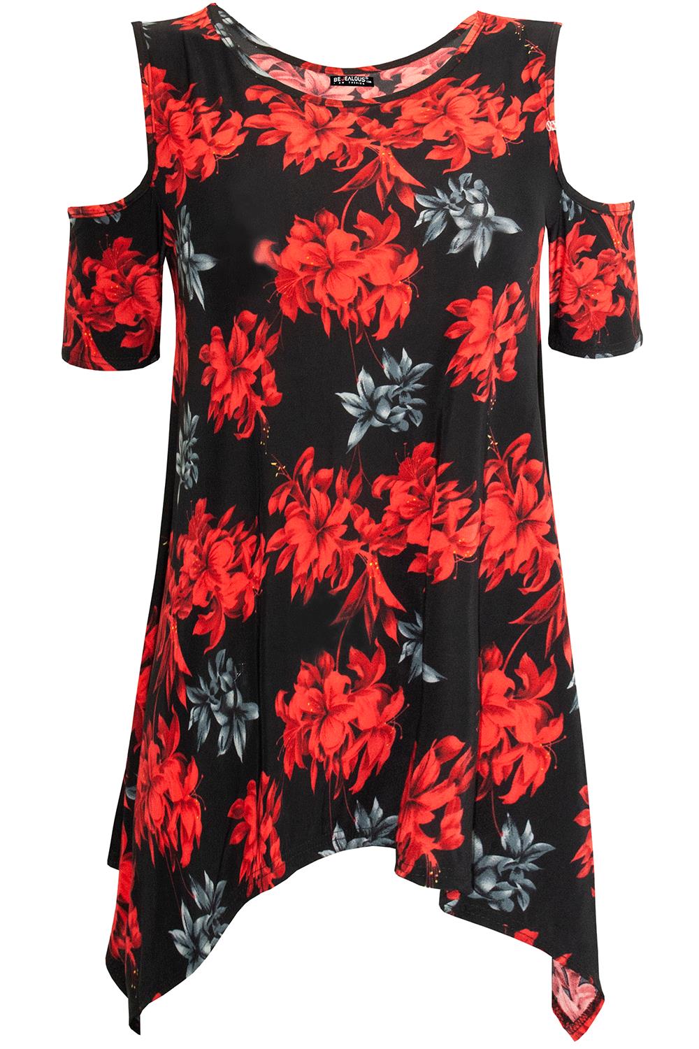 Womens Ladies Floral Long Sleeve Wide Strap Cold Cut Out Shoulder Hanky Hem Top - Picture 17 of 23