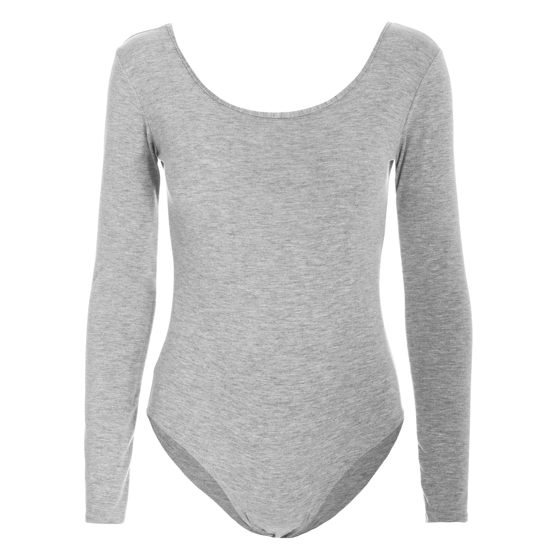 Womens Ladies Plain Jersey Long Sleeves Stretchy Leotard Bodysuit Top Plus Sizes - Picture 4 of 53