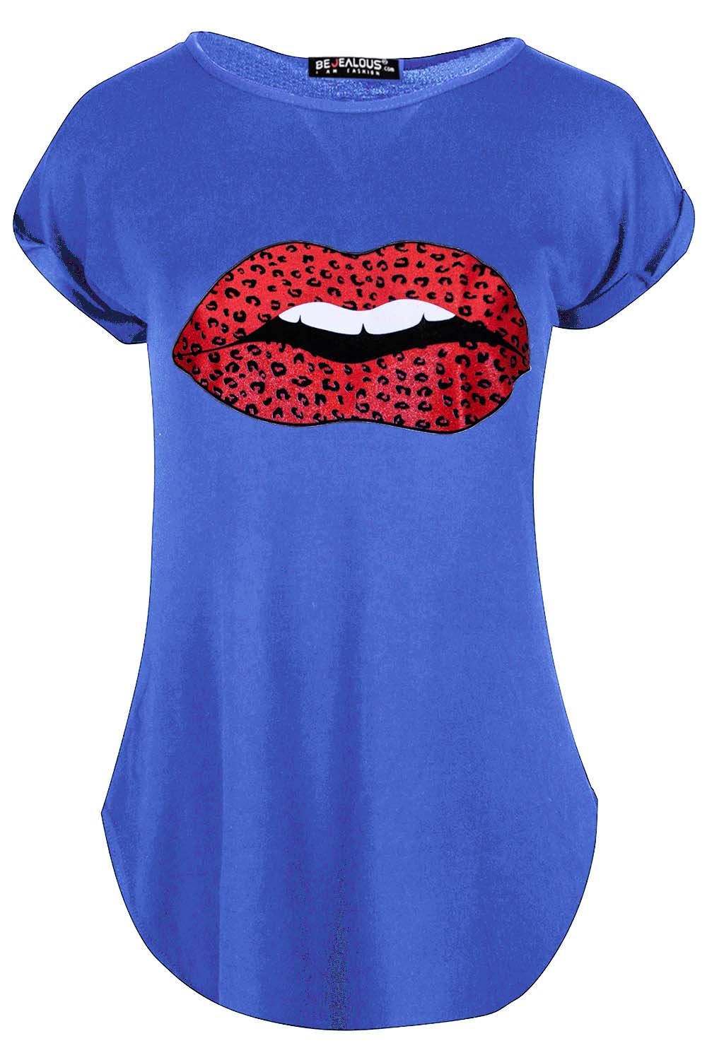 Womens Ladies Red Leopard Animal Lips Curved Hem Turn Up Cap Sleeve T Shirt Top - Picture 27 of 36