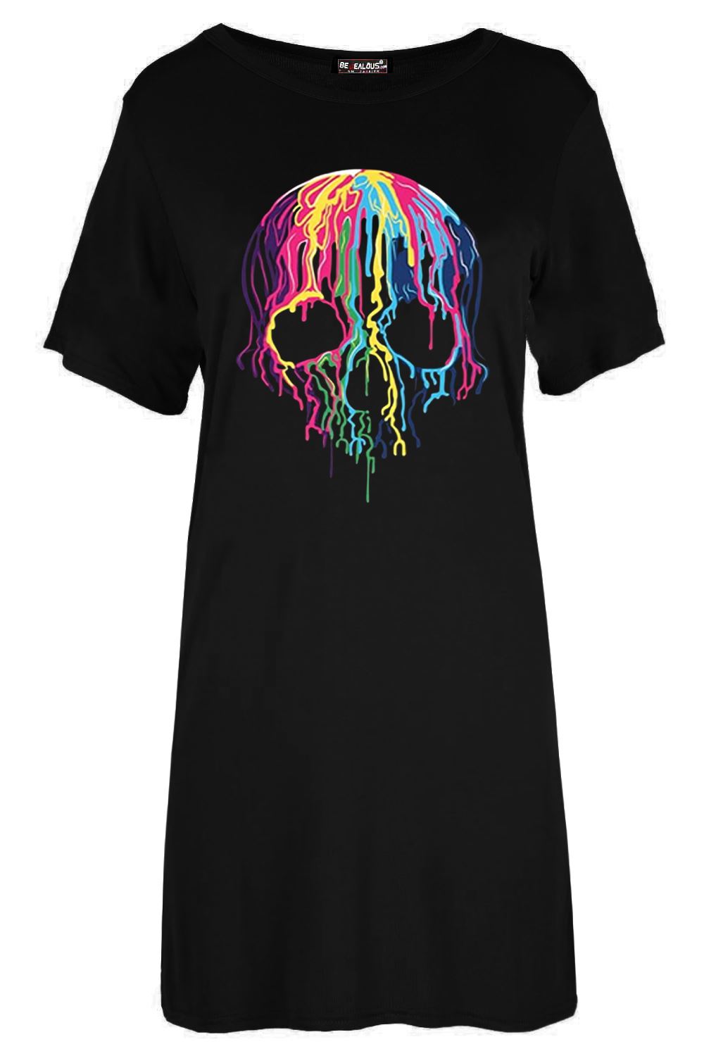 Women Round Neck Short Sleeve Tunic Halloween Multi Colour Skull T Shirt Dress - Picture 2 of 4
