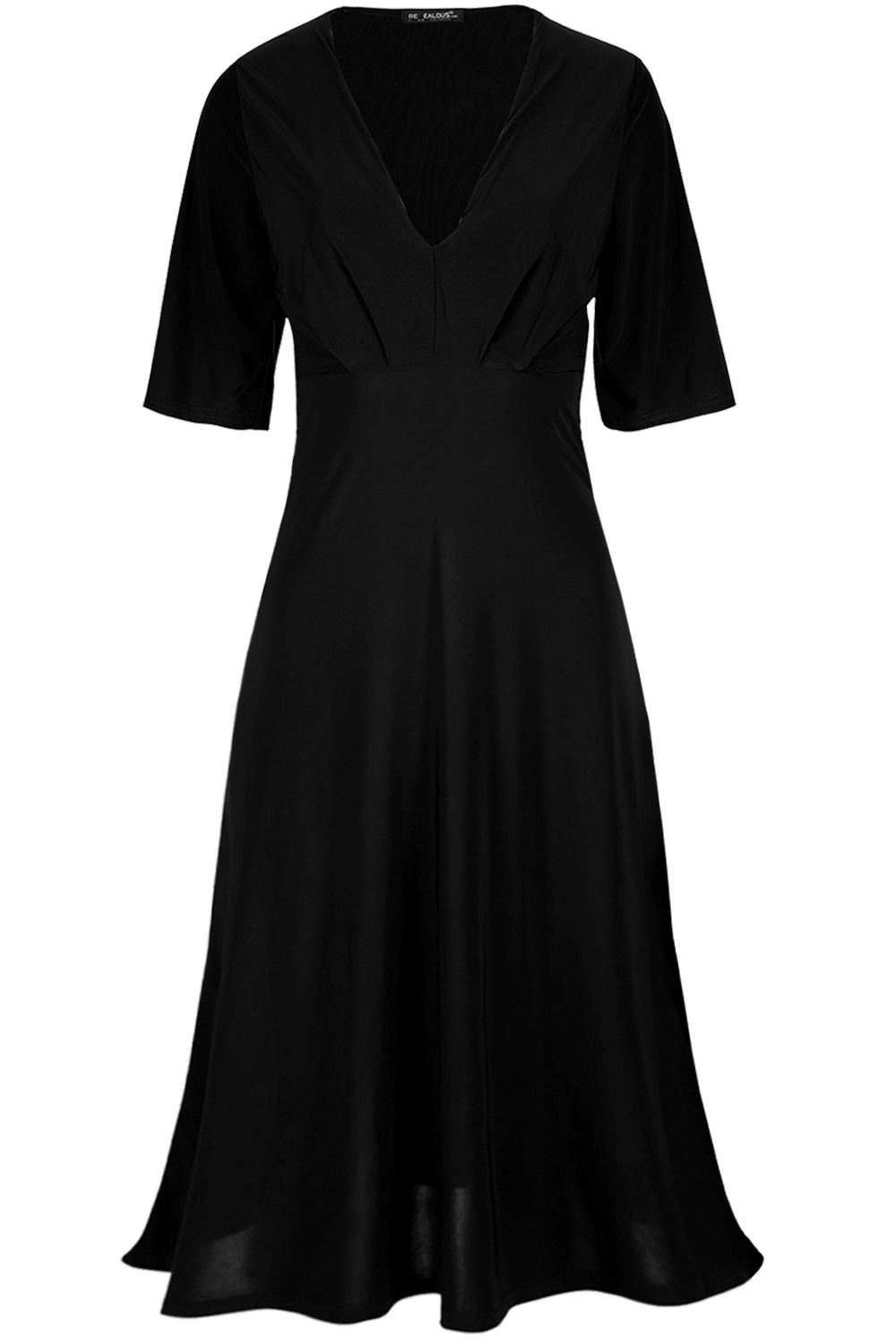 Womens Midi Dress Ladies Deep Plunge V Neck Ruched 3/4 Sleeve Flared Swing Dress eBay