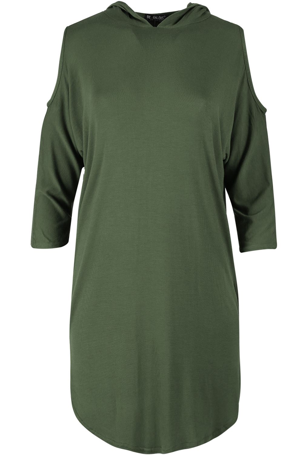 Ladies 3/4 Sleeve Cold Cut Shoulder Womens Hooded Hoody Mini Curved Hem Dress - Picture 3 of 28