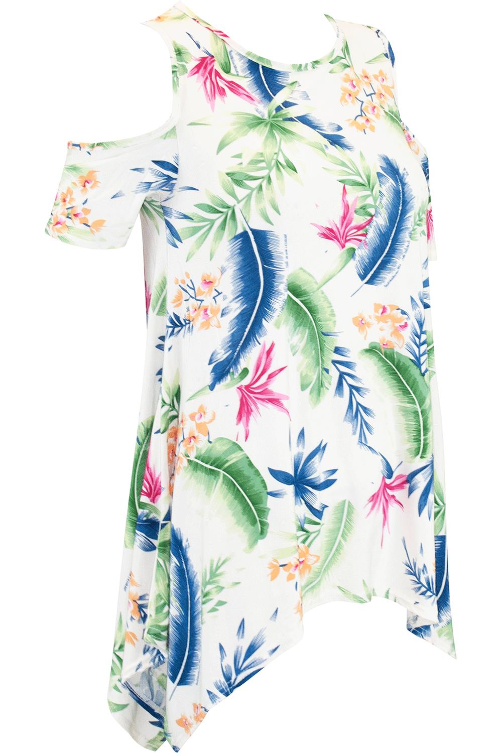 Womens Floral Cap Sleeve Ladies Cold Cut Shoulder Hanky Hem Baggy Oversized Top - Picture 26 of 58