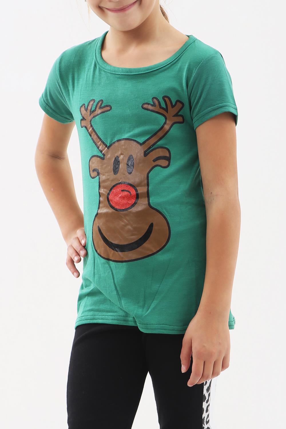 Kids Girls Reindeer Face Long Sleeve Christmas Xmas Glitter Nose Tee T Shirt Top
