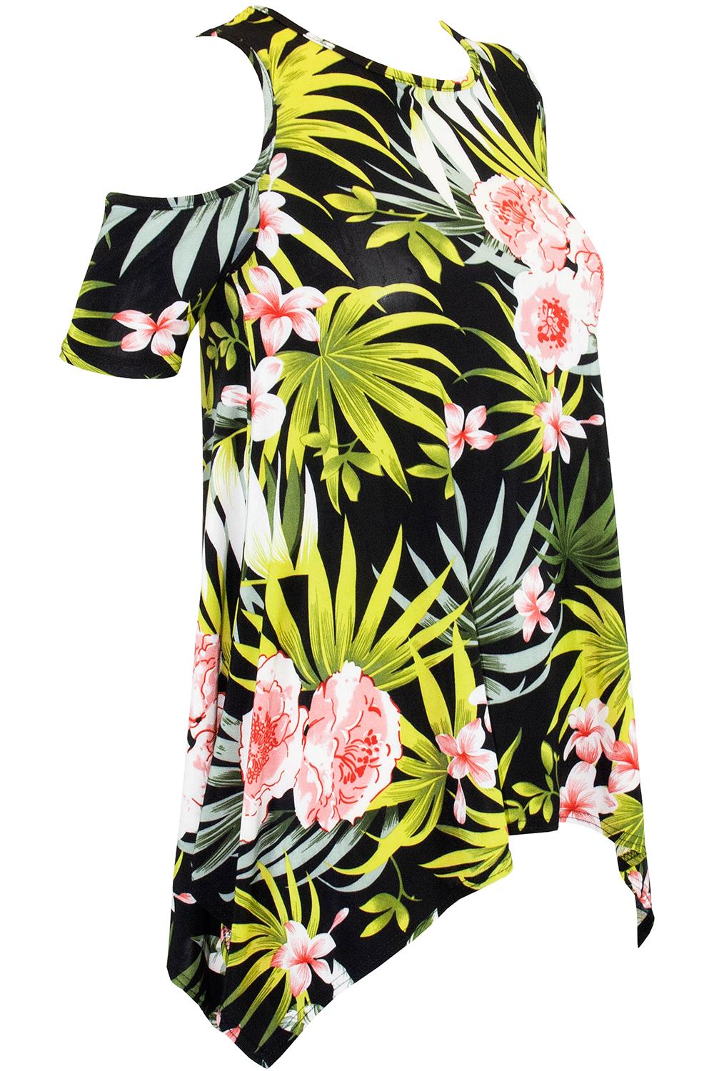 Womens Floral Cap Sleeve Ladies Cold Cut Shoulder Hanky Hem Baggy Oversized Top - Picture 33 of 58