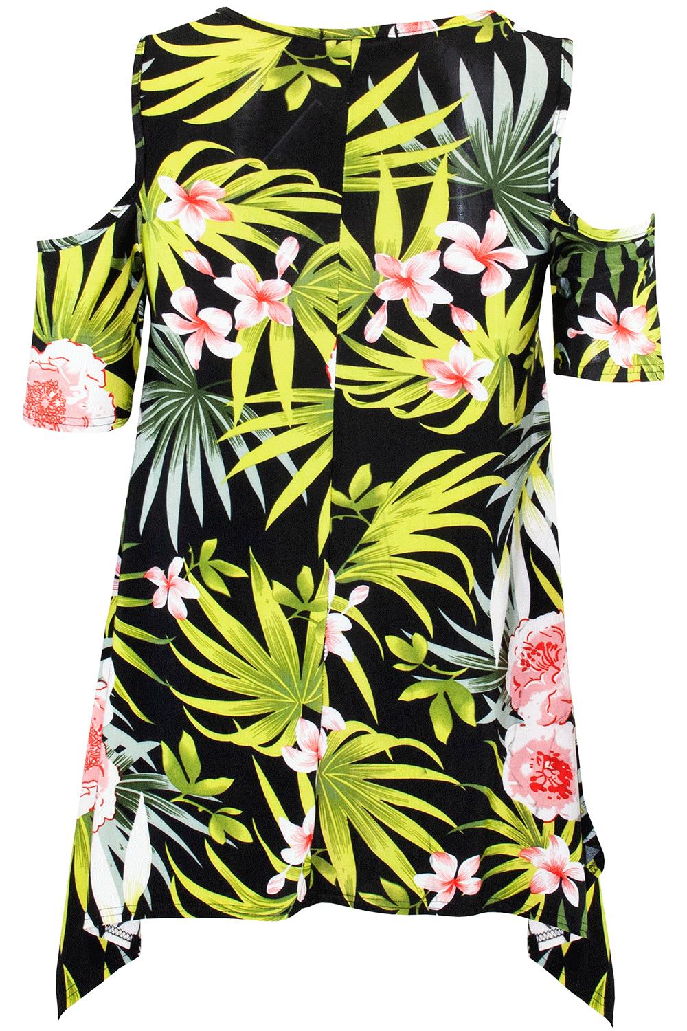 Womens Floral Cap Sleeve Ladies Cold Cut Shoulder Hanky Hem Baggy Oversized Top - Picture 34 of 58