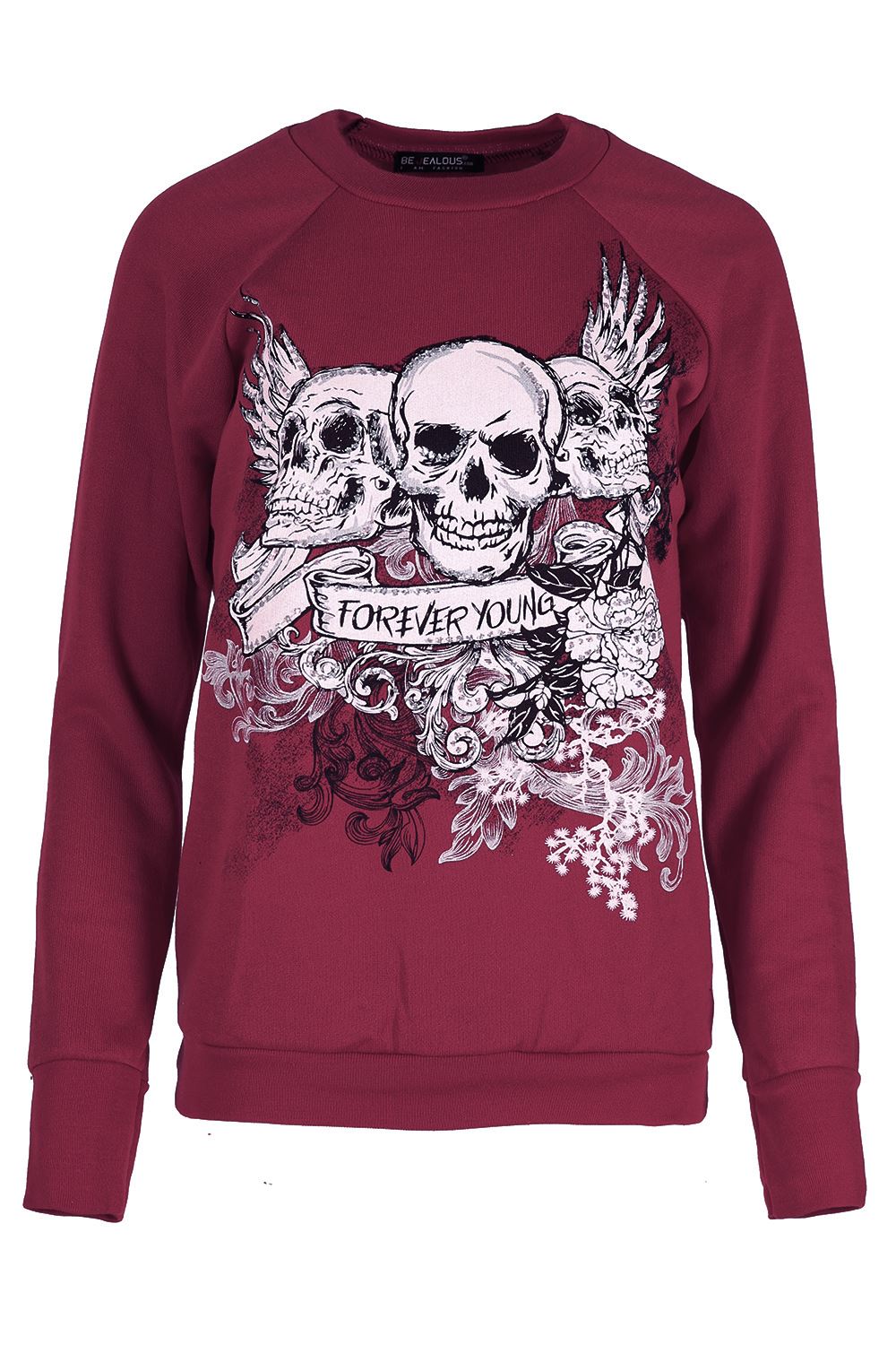 Womens Halloween Costume Tops Ladies Fancy Skull Forever Young Fleece Sweatshirt - Picture 4 of 9