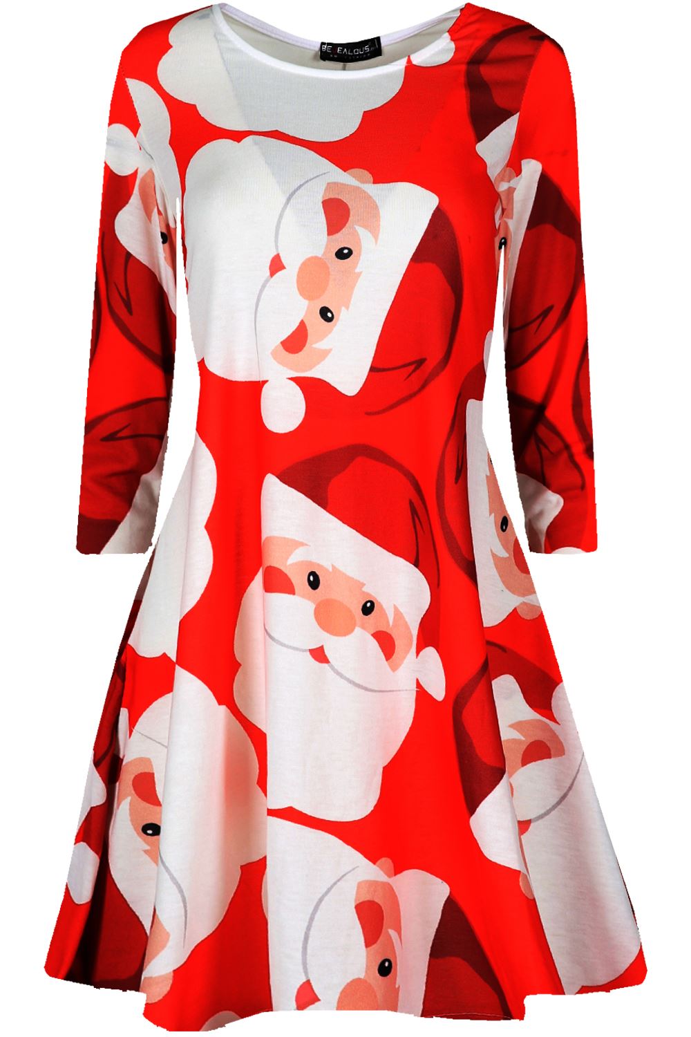 Women Ladies Xmas Long Sleeve Santa Polar Bear Christmas Swing Flared Mini Dress