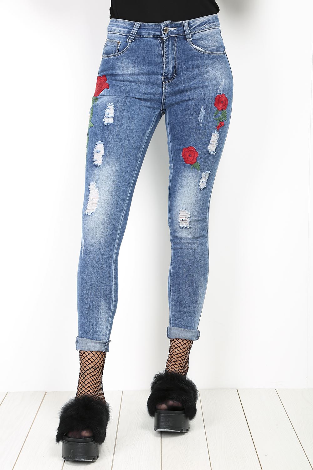 Womens Trousers Skinny Fitted Ladies Ripped Flower Rose Embroidered