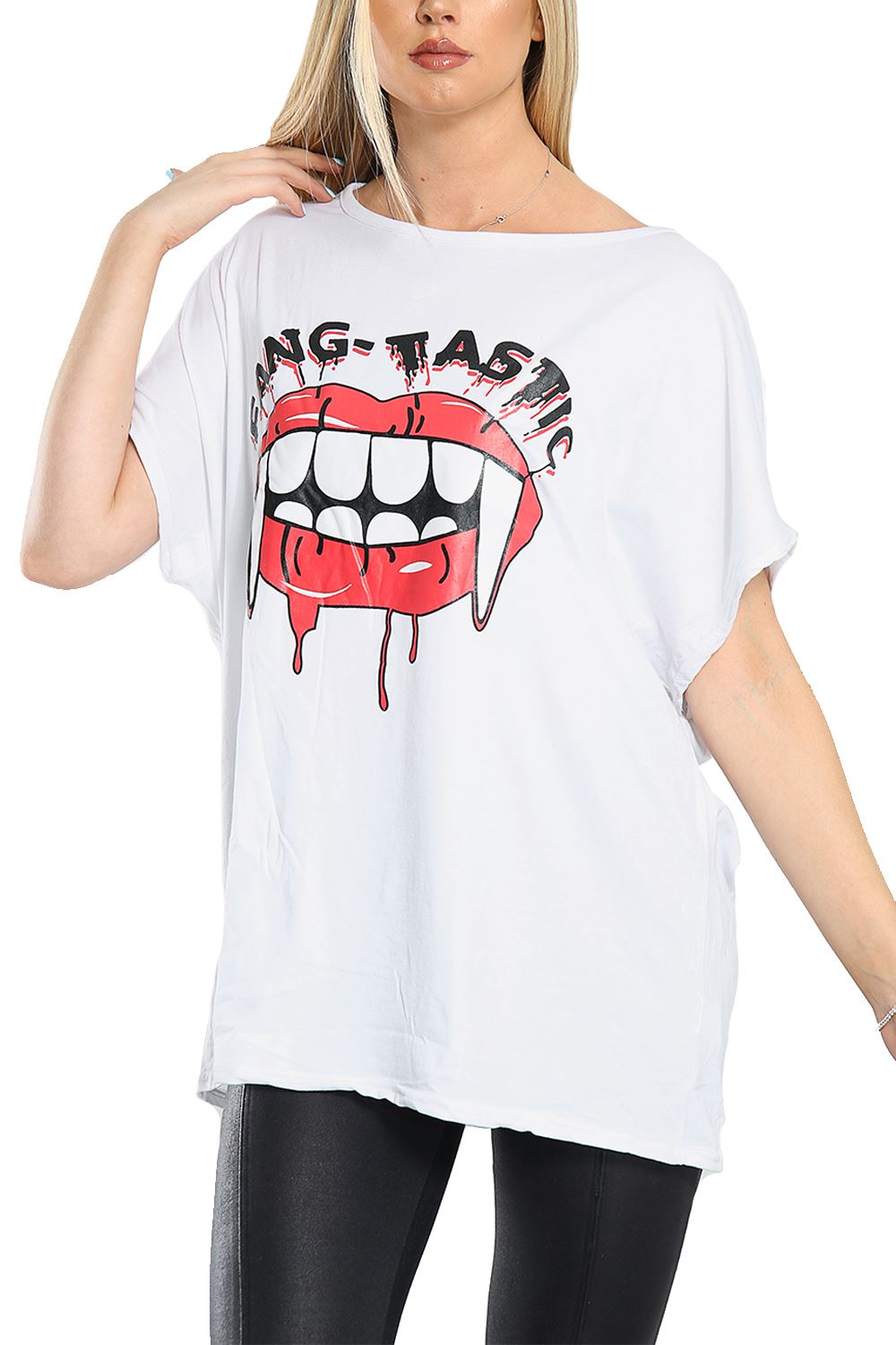 Womens Halloween Loose Fit Fang Tastic Bleeding Lip Top Ladies Batwing T Shirt - Picture 47 of 119