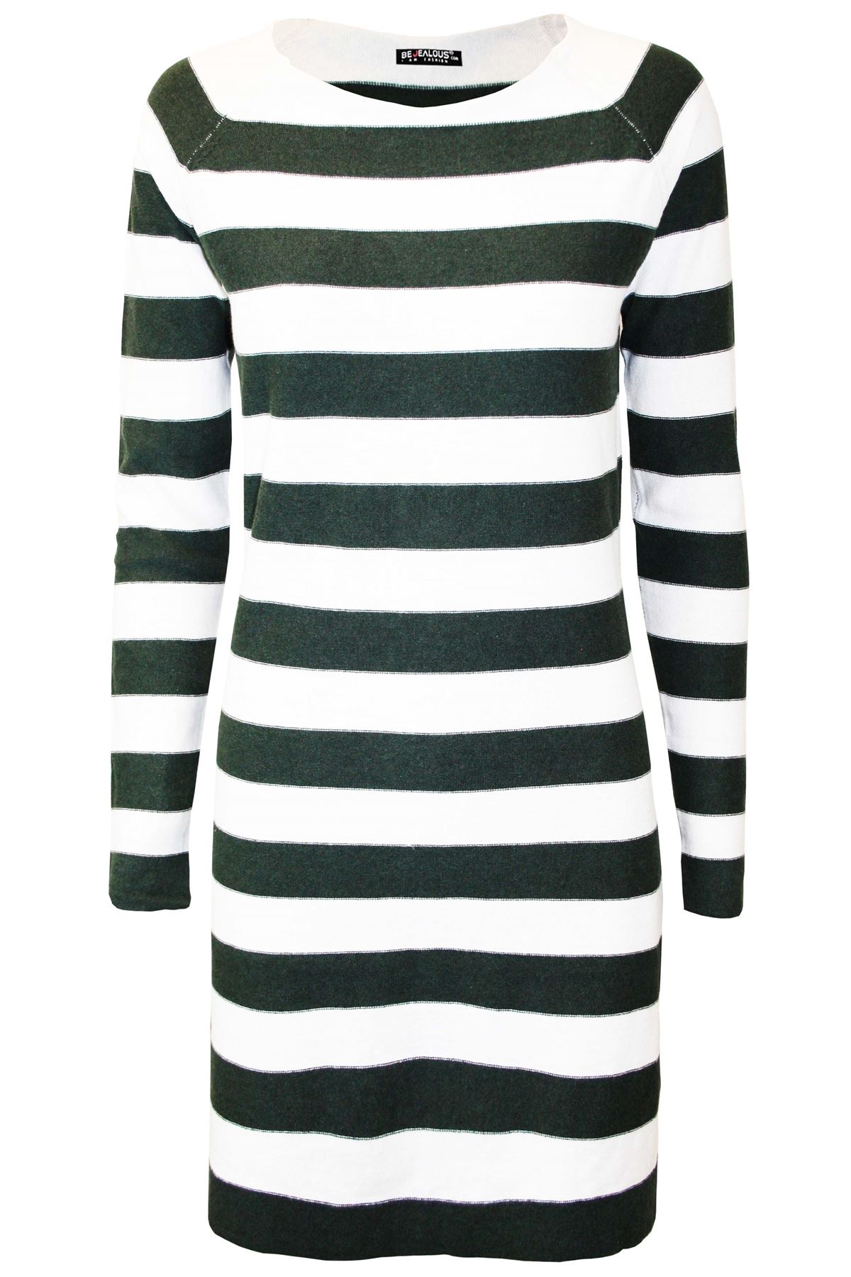 Womens Ladies Round Neck 2 Tone Knit Contrast Stripe Long Sleeve Long Mini Dress - Picture 3 of 4