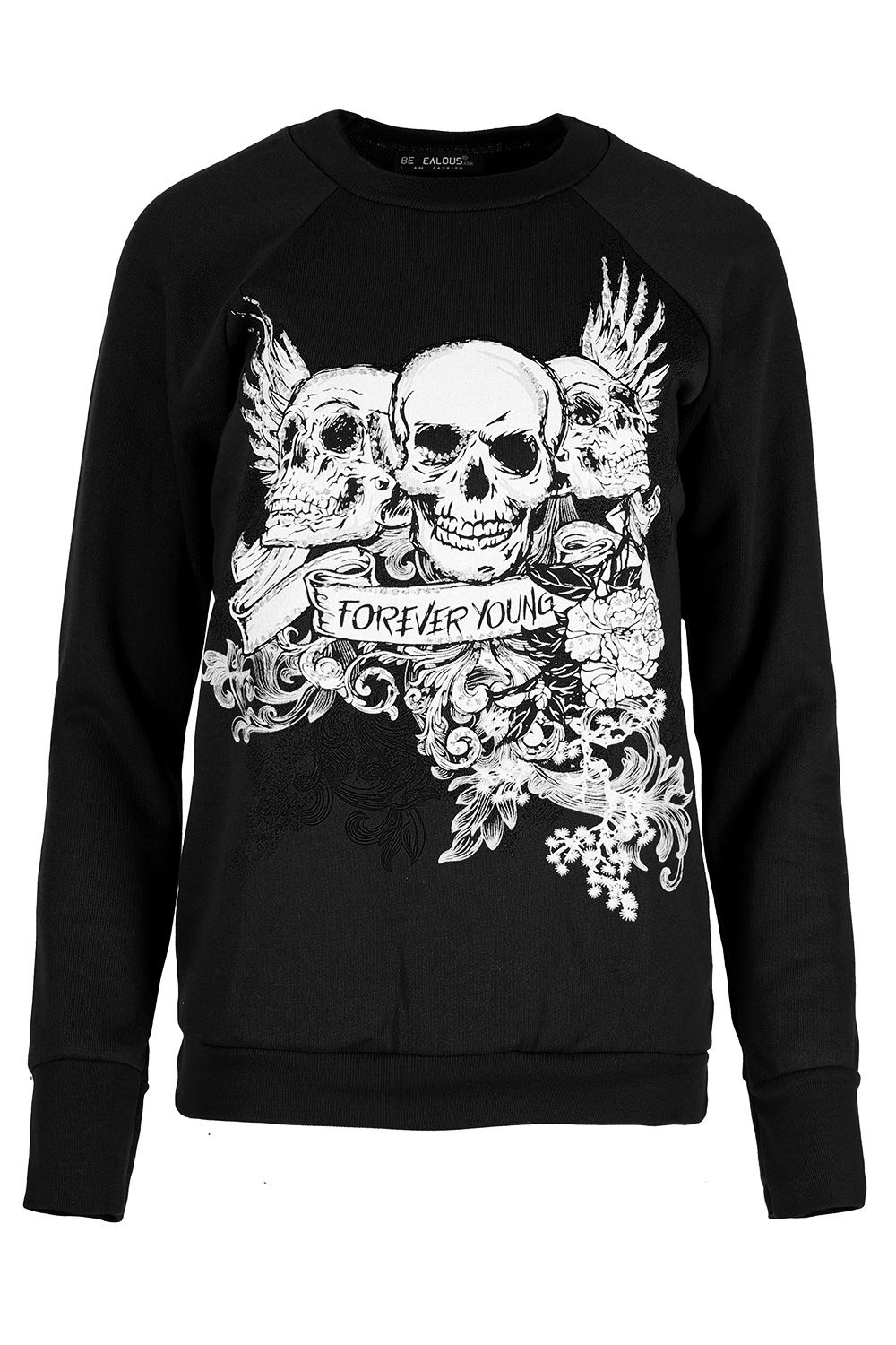 Womens Halloween Costume Tops Ladies Fancy Skull Forever Young Fleece Sweatshirt - Picture 2 of 9