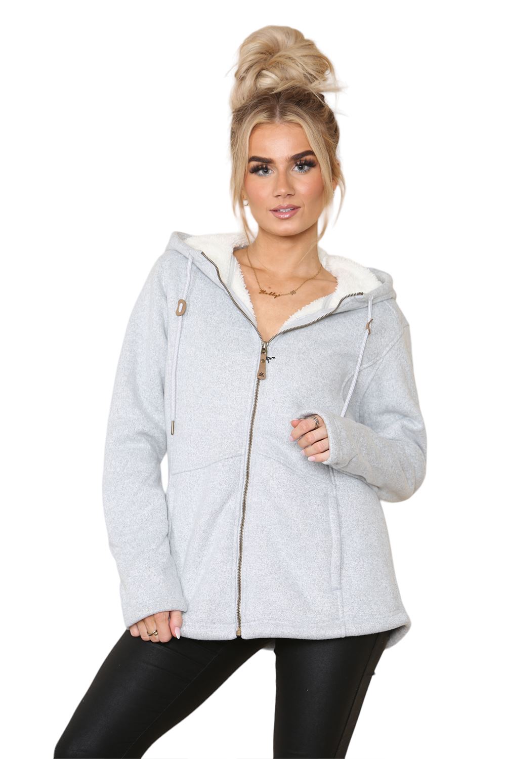 Womens Hooded Sweatshirt Plain Long Sleeve Oversize Ladies Zipper Fleece Jumper - Picture 9 of 11