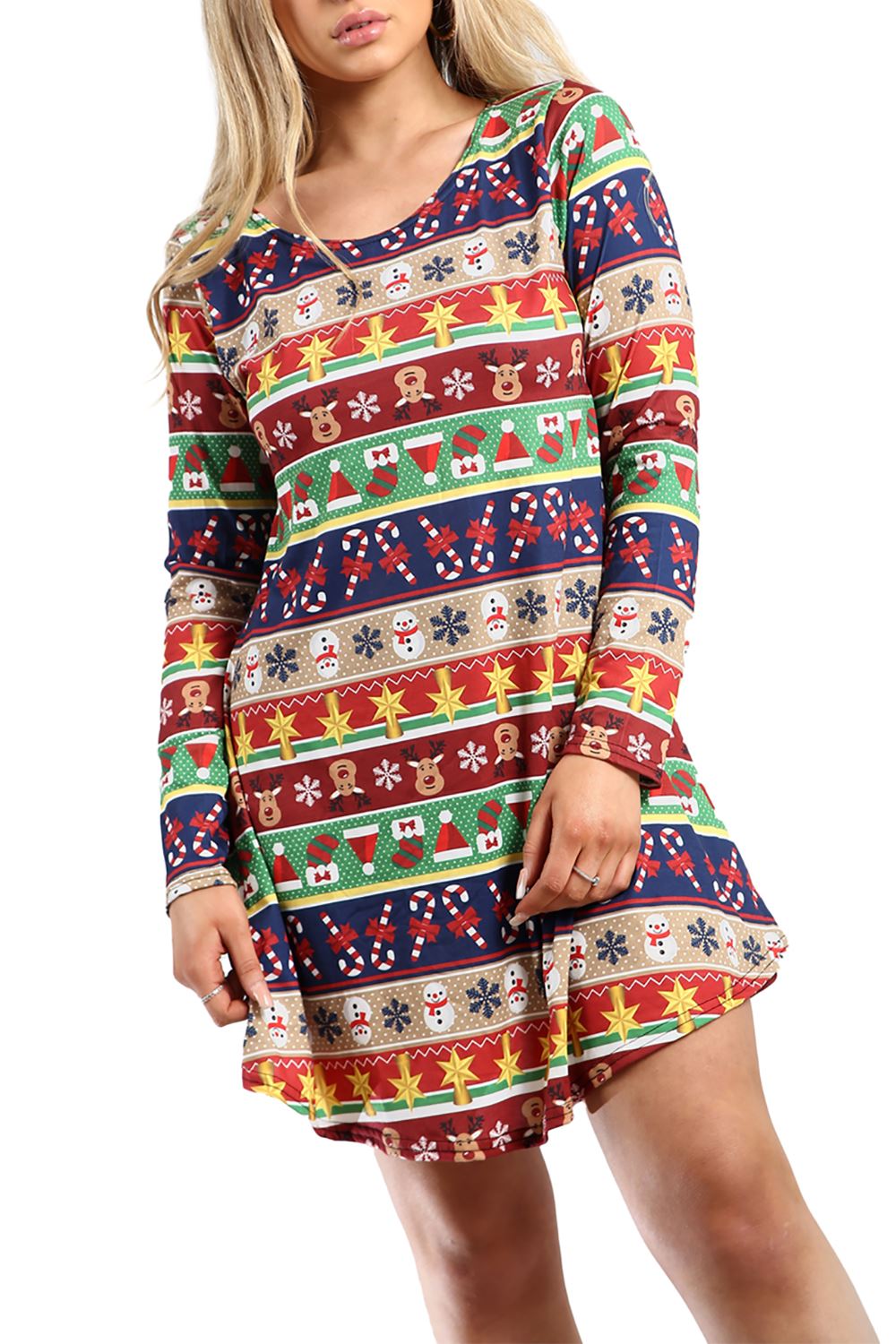 Womens Ladies Xmas Santa Gifts Snowman Christmas Printed Skater Mini Swing Dress - Picture 33 of 35