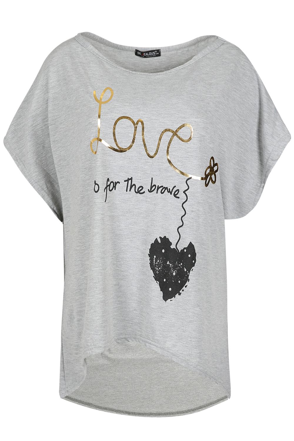 Ladies Oversized LOVE BRAVE HEART Printed Womens Baggy Batwing Hi Lo T Shirt Top - Picture 8 of 75