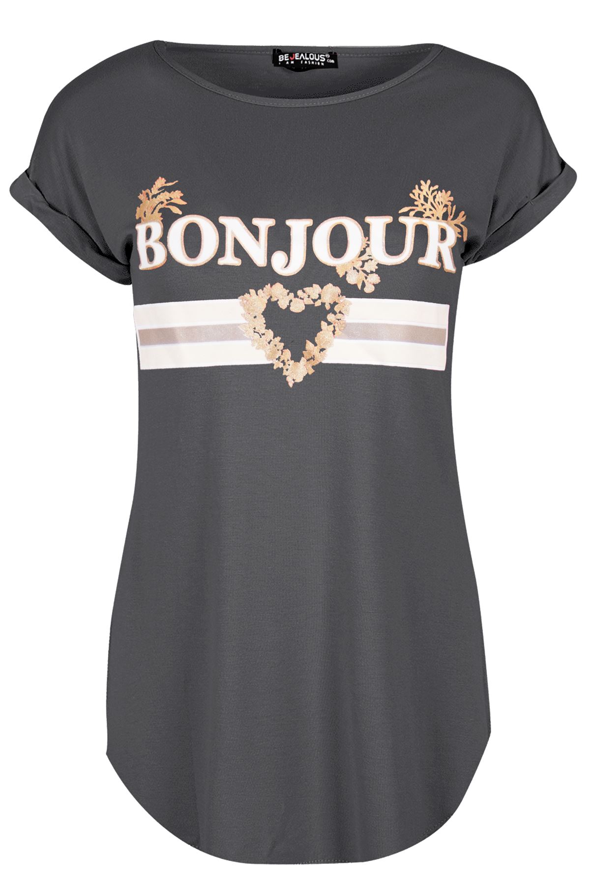 Womens Ladies Turn Up Sleeve Round Neck Curved Hem Bonjour Jersey T-Shirt Top - Picture 43 of 49