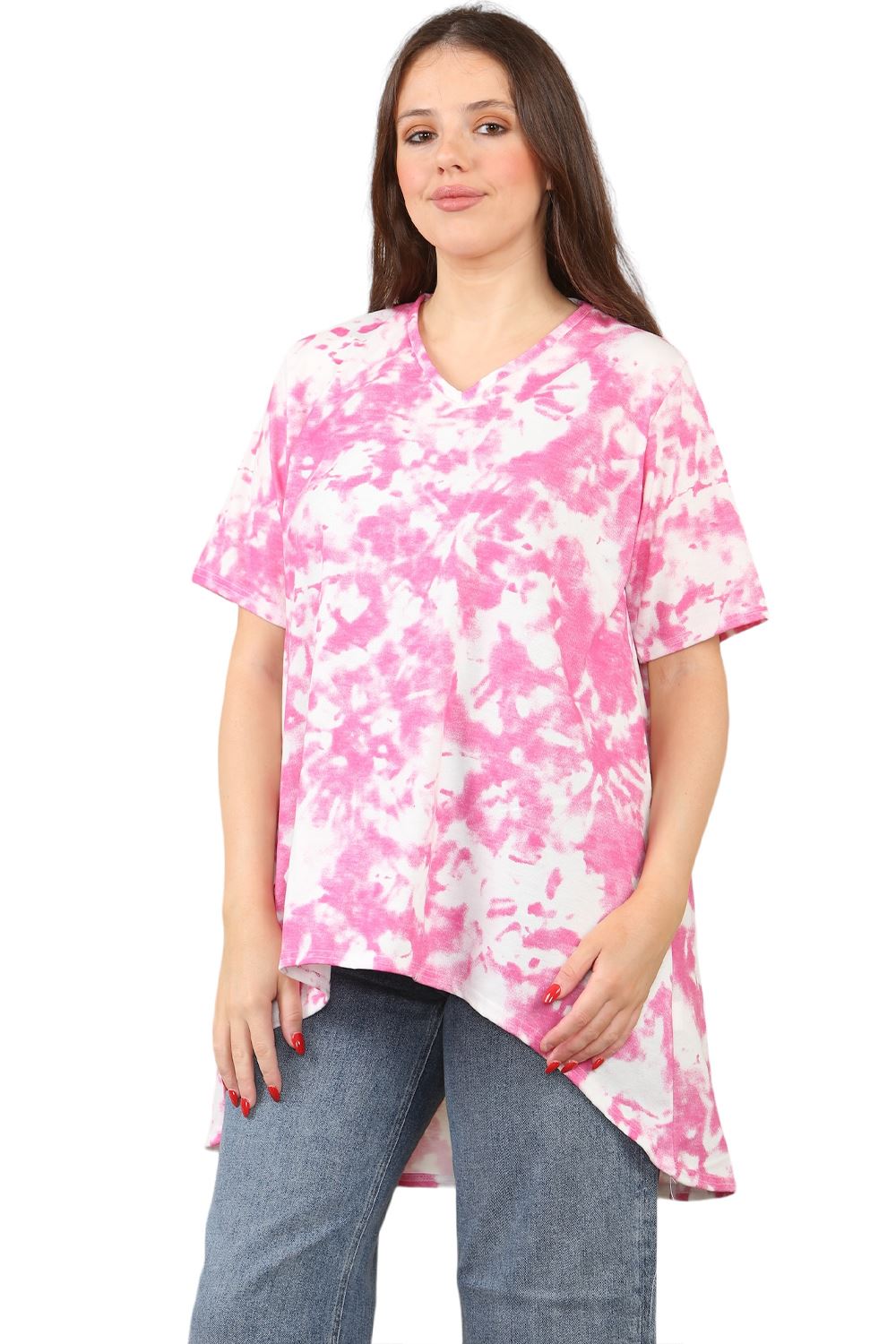 Womens Ladies V-Neck Short Sleeve Long Swing High Low Dipped Hem T-Shirt Top - Picture 28 of 40
