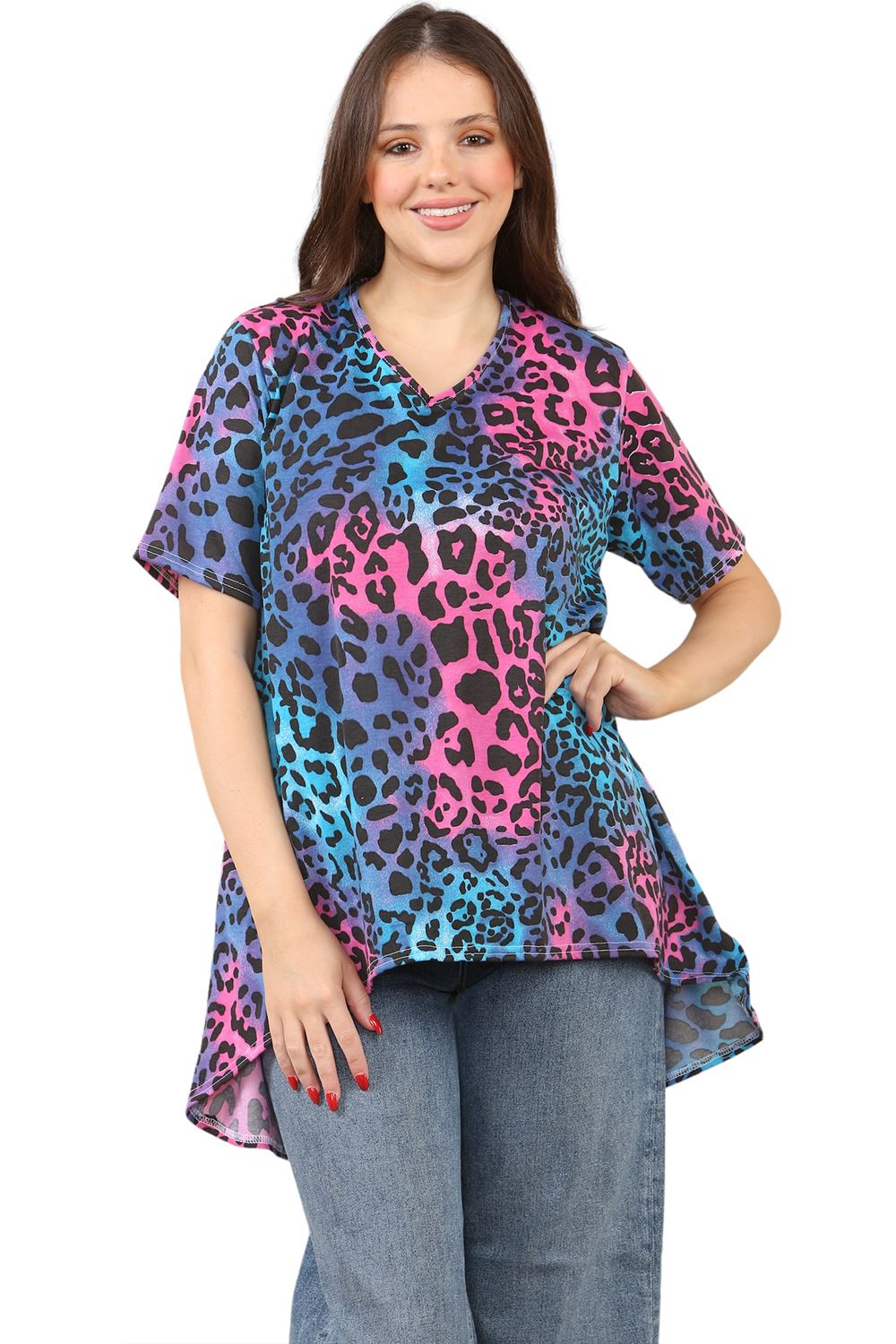 Womens Ladies V-Neck Short Sleeve Long Swing High Low Dipped Hem T-Shirt Top - Picture 14 of 40