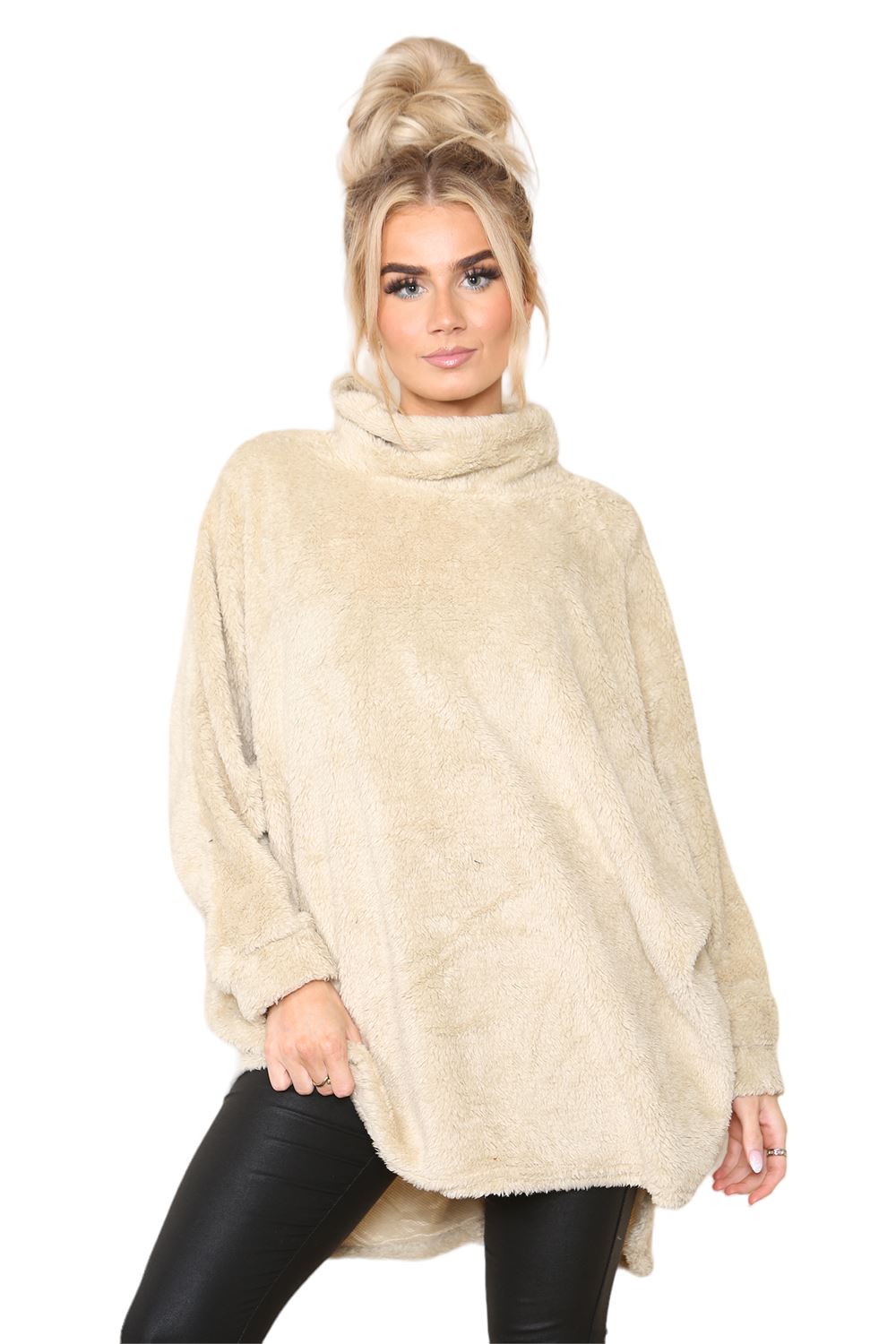 Womens Ladies Fleece Turtle Cowl Neck Baggy Long Sleeve Fluffy Faux Fur Jumper - Picture 10 of 12
