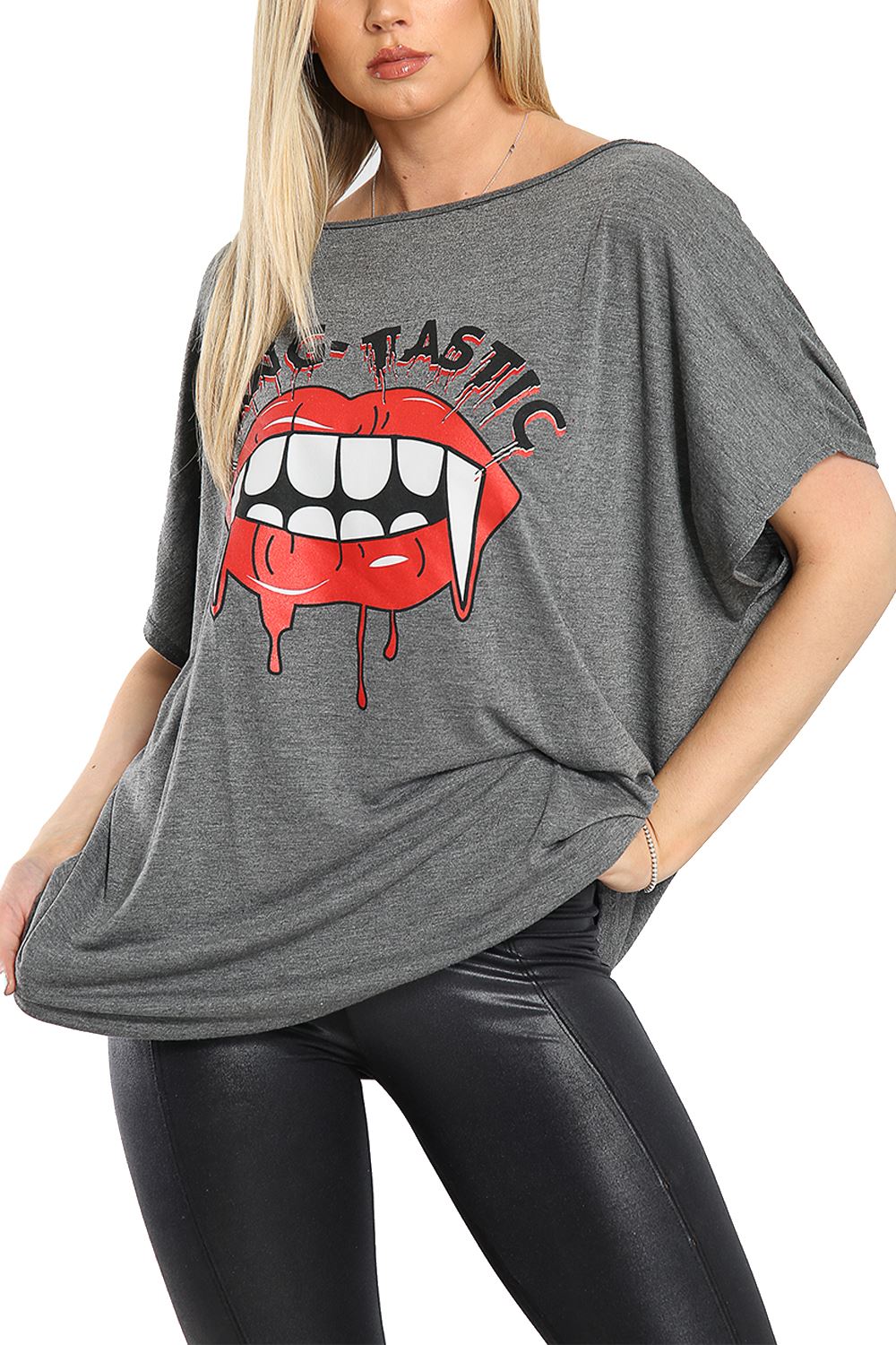 Womens Halloween Loose Fit Fang Tastic Bleeding Lip Top Ladies Batwing T Shirt - Picture 43 of 119