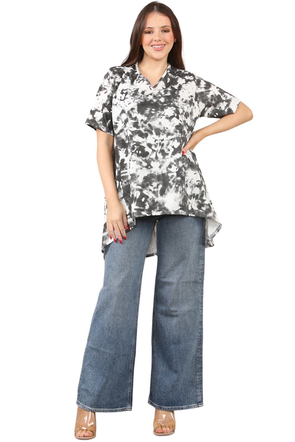 Womens Ladies V-Neck Short Sleeve Long Swing High Low Dipped Hem T-Shirt Top - Picture 23 of 40