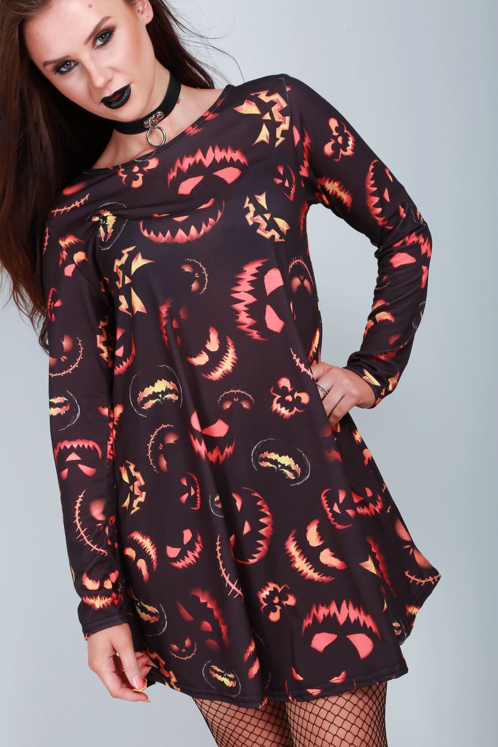 Ladies Womens Skeleton Spider Pumpkin Hallowen Skeleton Smock Swing Mini Dress - Picture 23 of 43