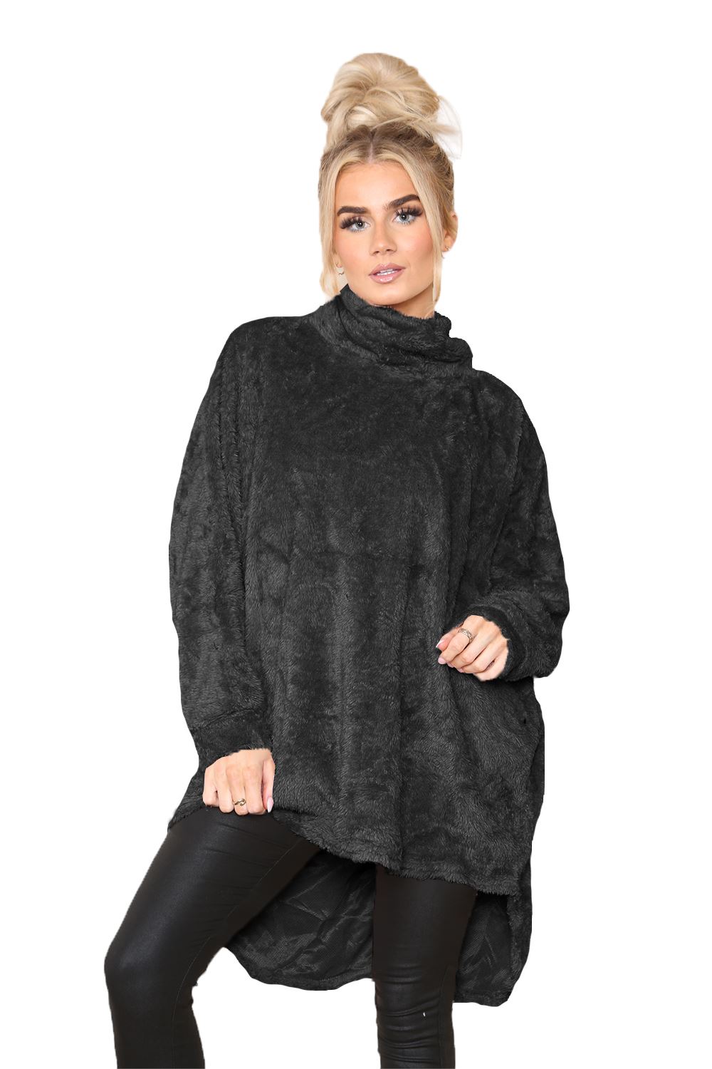 Womens Ladies Fleece Turtle Cowl Neck Baggy Long Sleeve Fluffy Faux Fur Jumper - Picture 2 of 12