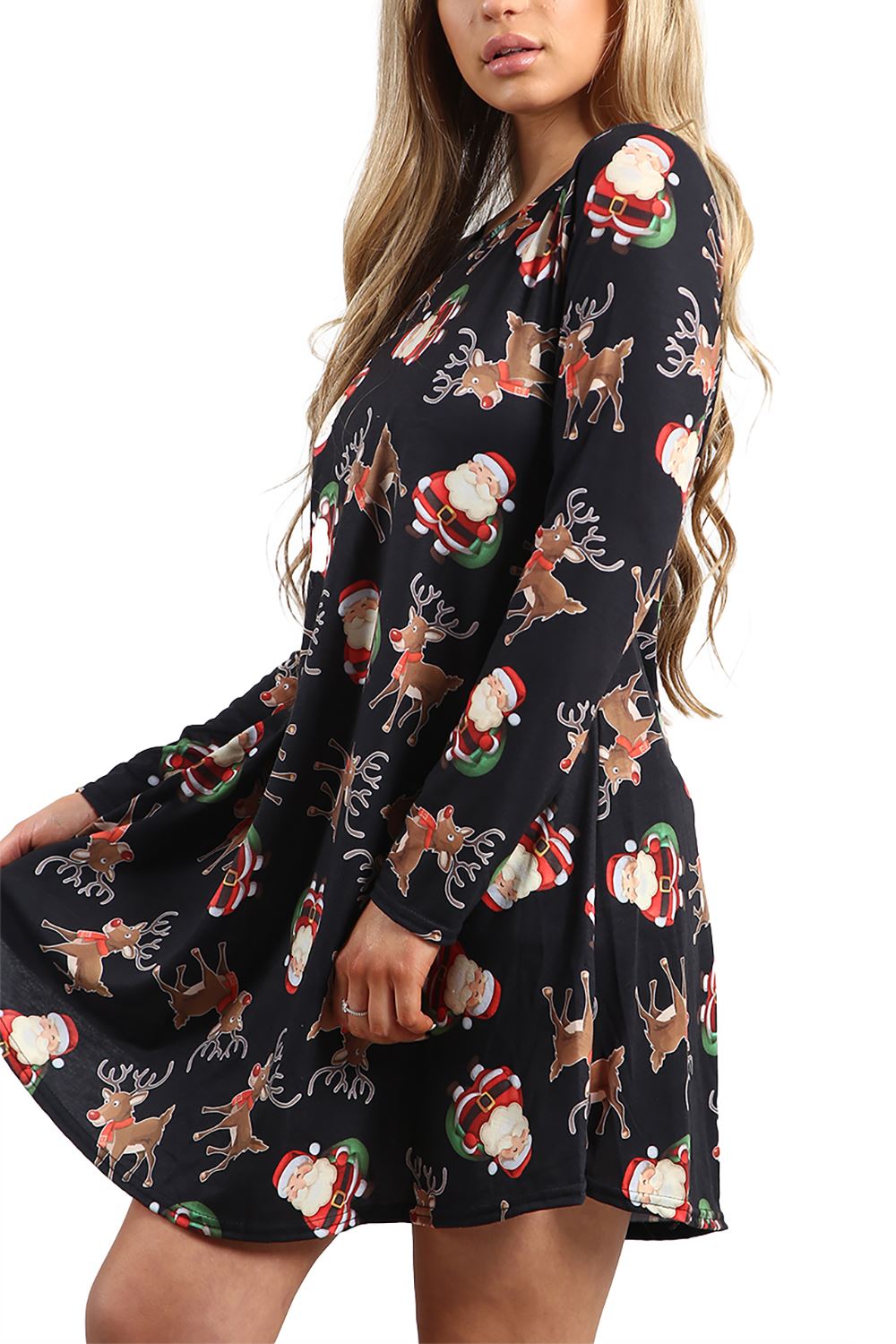 Womens Ladies Xmas Santa Gifts Snowman Christmas Printed Skater Mini Swing Dress - Picture 18 of 35