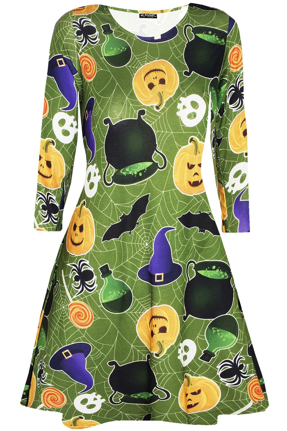 Ladies Long Sleeve Spider Skeleton Halloween Smock Pumpkin Womens Swing Dress - Picture 51 of 52