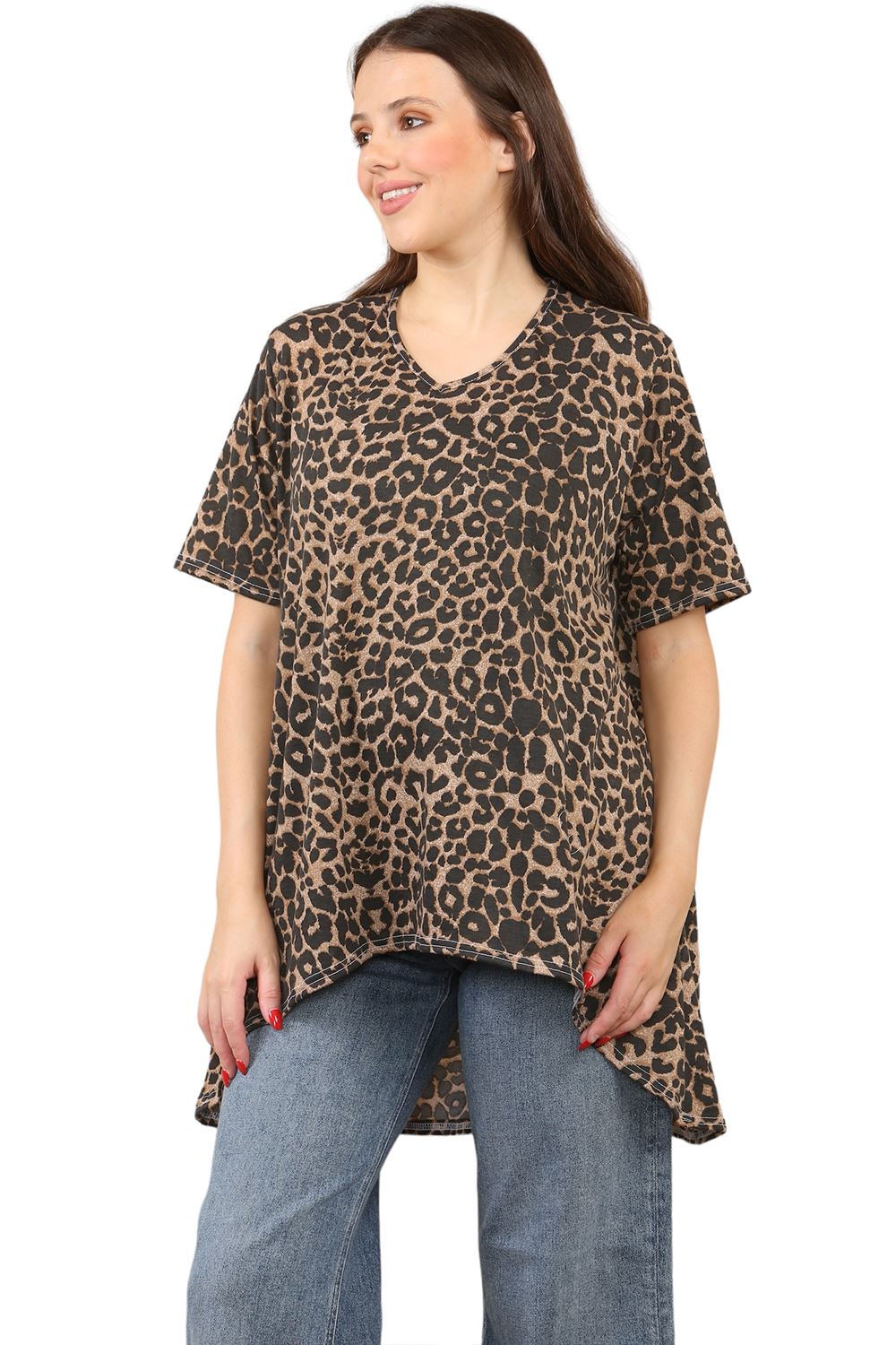 Womens Ladies V-Neck Short Sleeve Long Swing High Low Dipped Hem T-Shirt Top - Picture 10 of 40