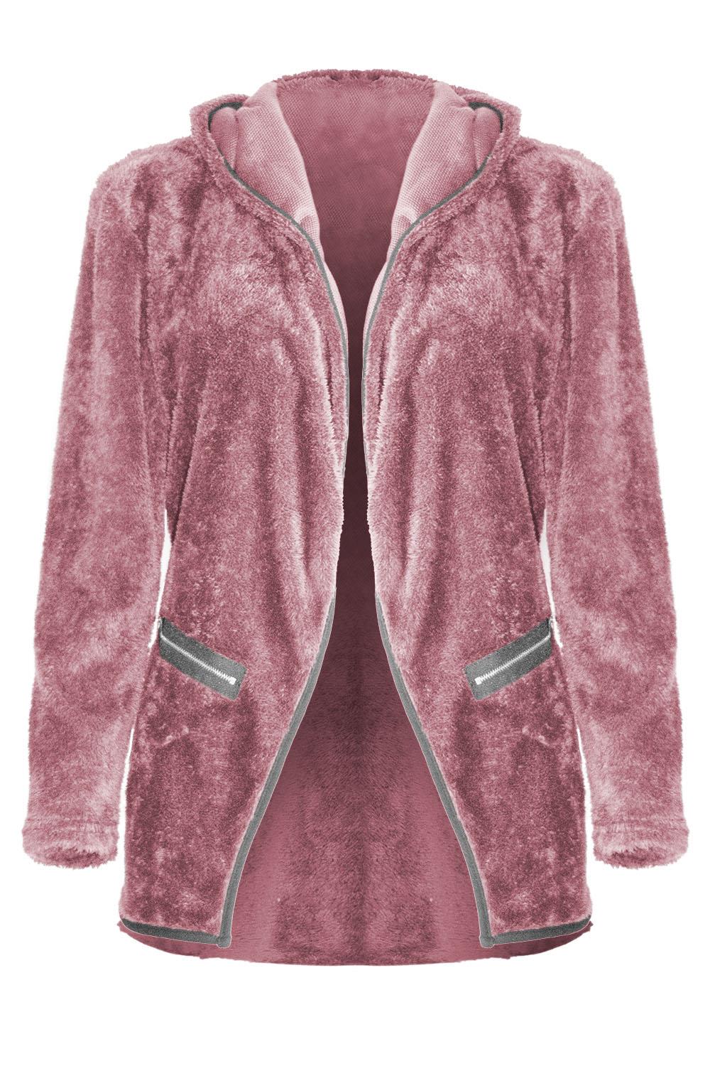 Womens Ladies Fleece Cardigan Zip Pocket Long Sleeve Fluffy Faux Fur Jacket Coat - Picture 17 of 22