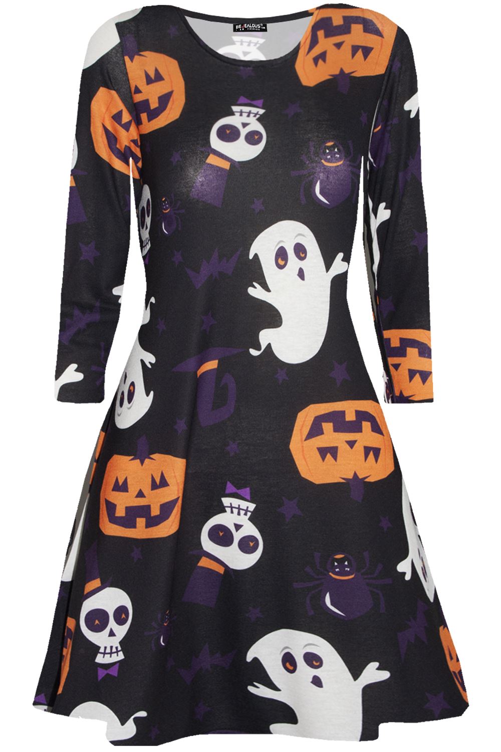 Ladies Long Sleeve Spider Skeleton Halloween Smock Pumpkin Womens Swing Dress - Picture 39 of 52
