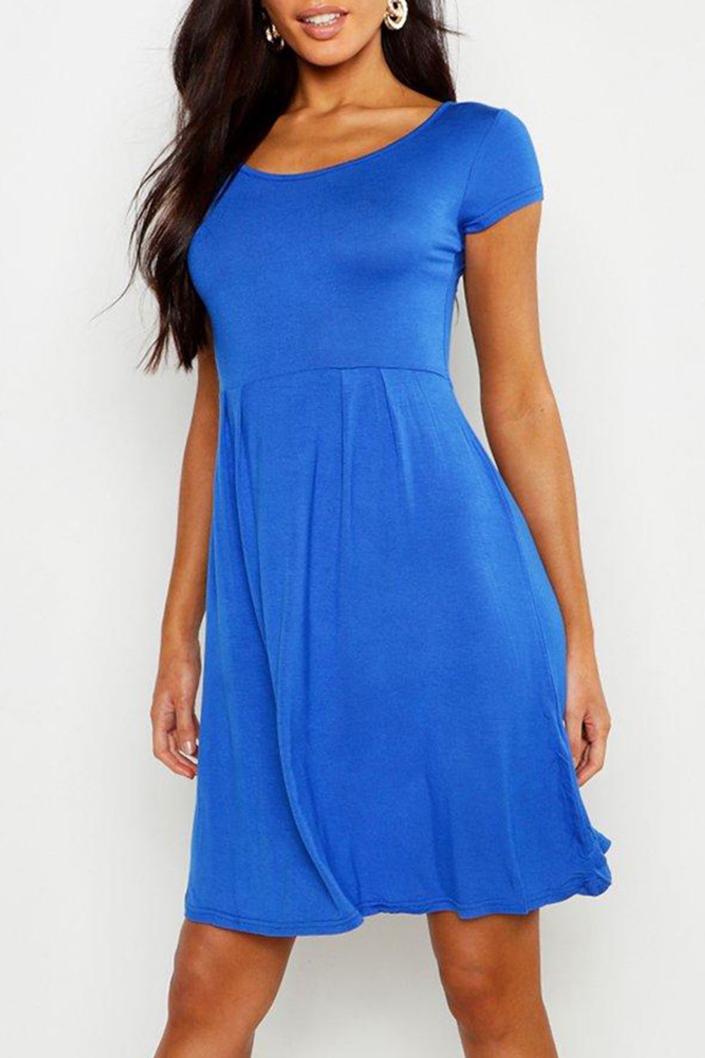 New Ladies Womens Short Sleeve Flare Pleated Round Neck Swing Skater Mini Dress - Picture 8 of 11