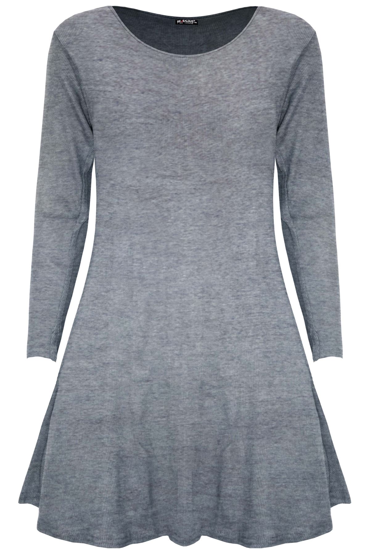 Womens Ladies Smock Ribbed Long Sleeve Stretchy A-Line Swing Flared Mini Dress - Picture 12 of 13