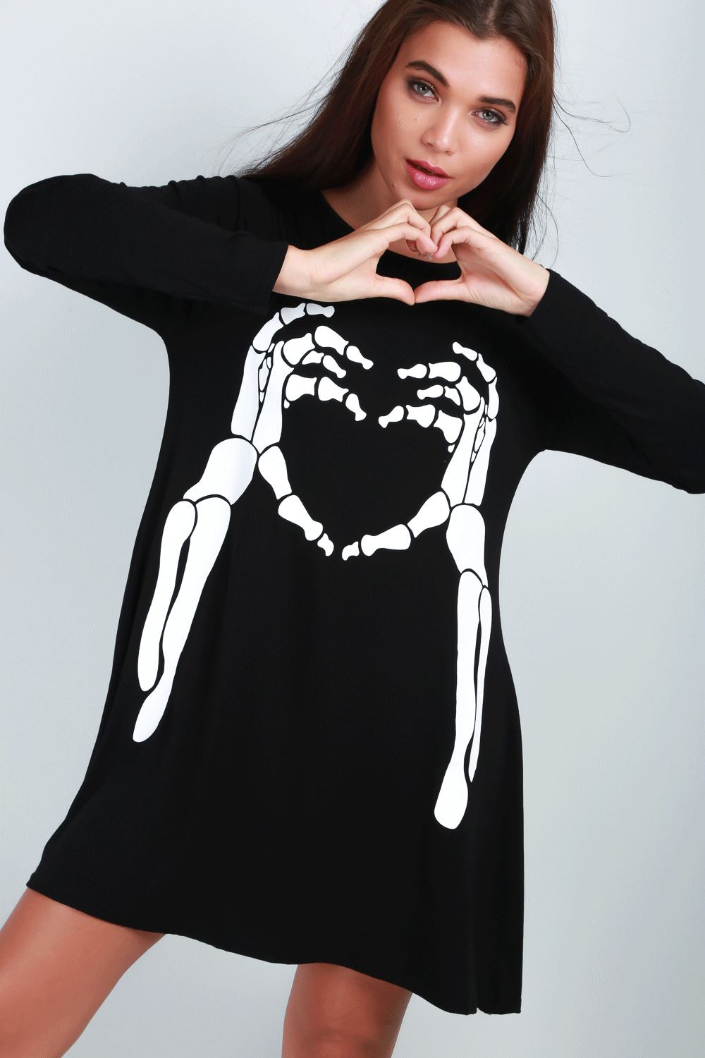 Ladies Womens Skeleton Spider Pumpkin Hallowen Skeleton Smock Swing Mini Dress - Picture 24 of 43