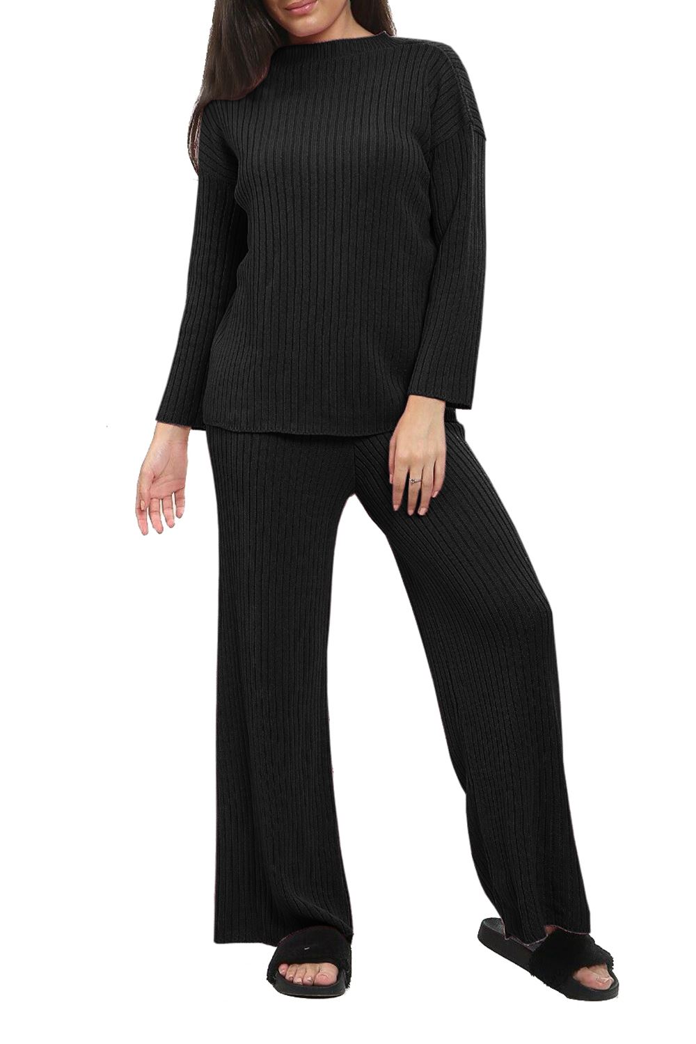 Womens Ladies Chunky Rib Knitted Polo High Neck Top Leggings Loungewear