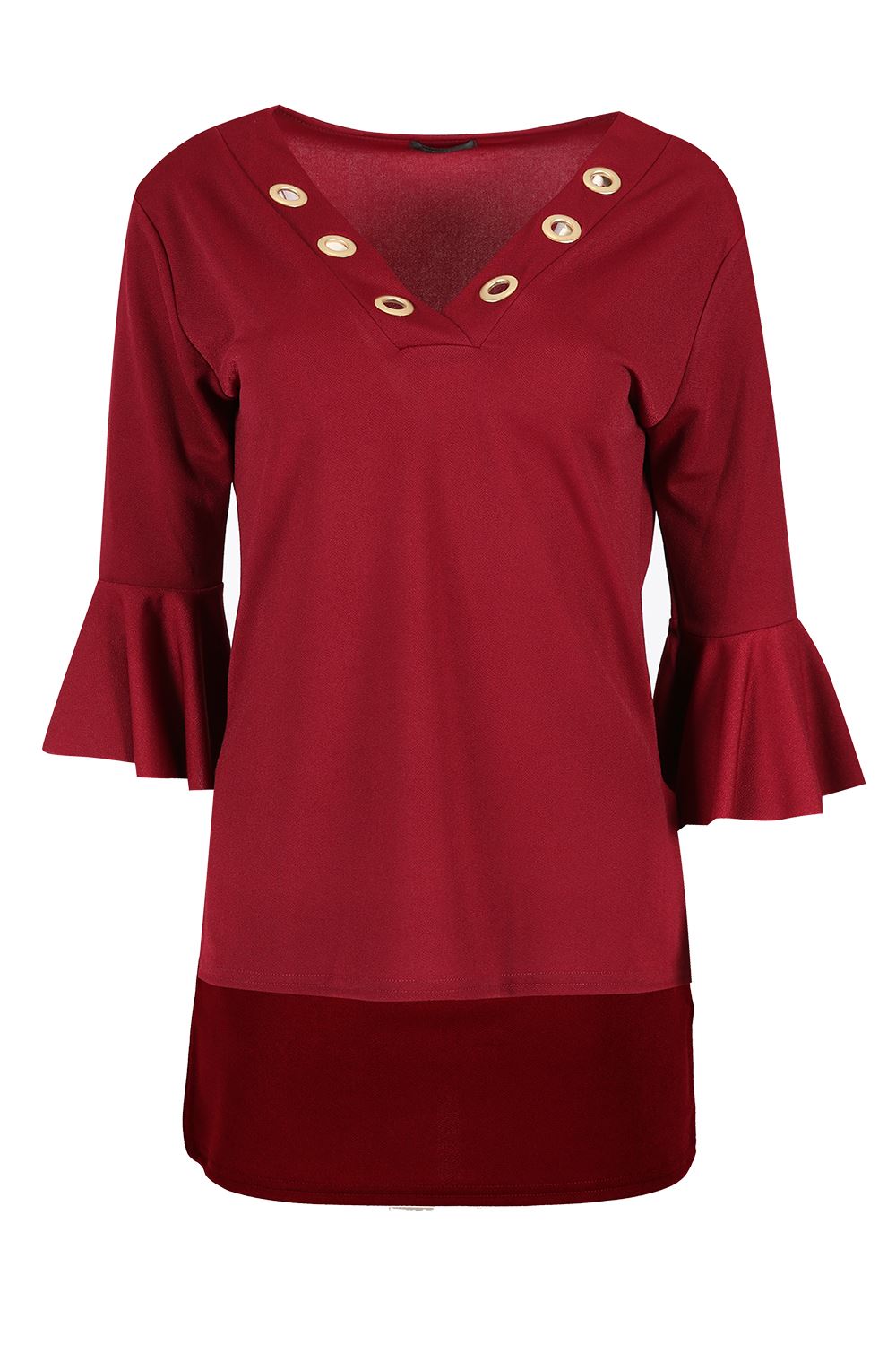 Womens Ladies V Wrap Neck Gold Eyelet Holes High Low Peplum Frill 3/4