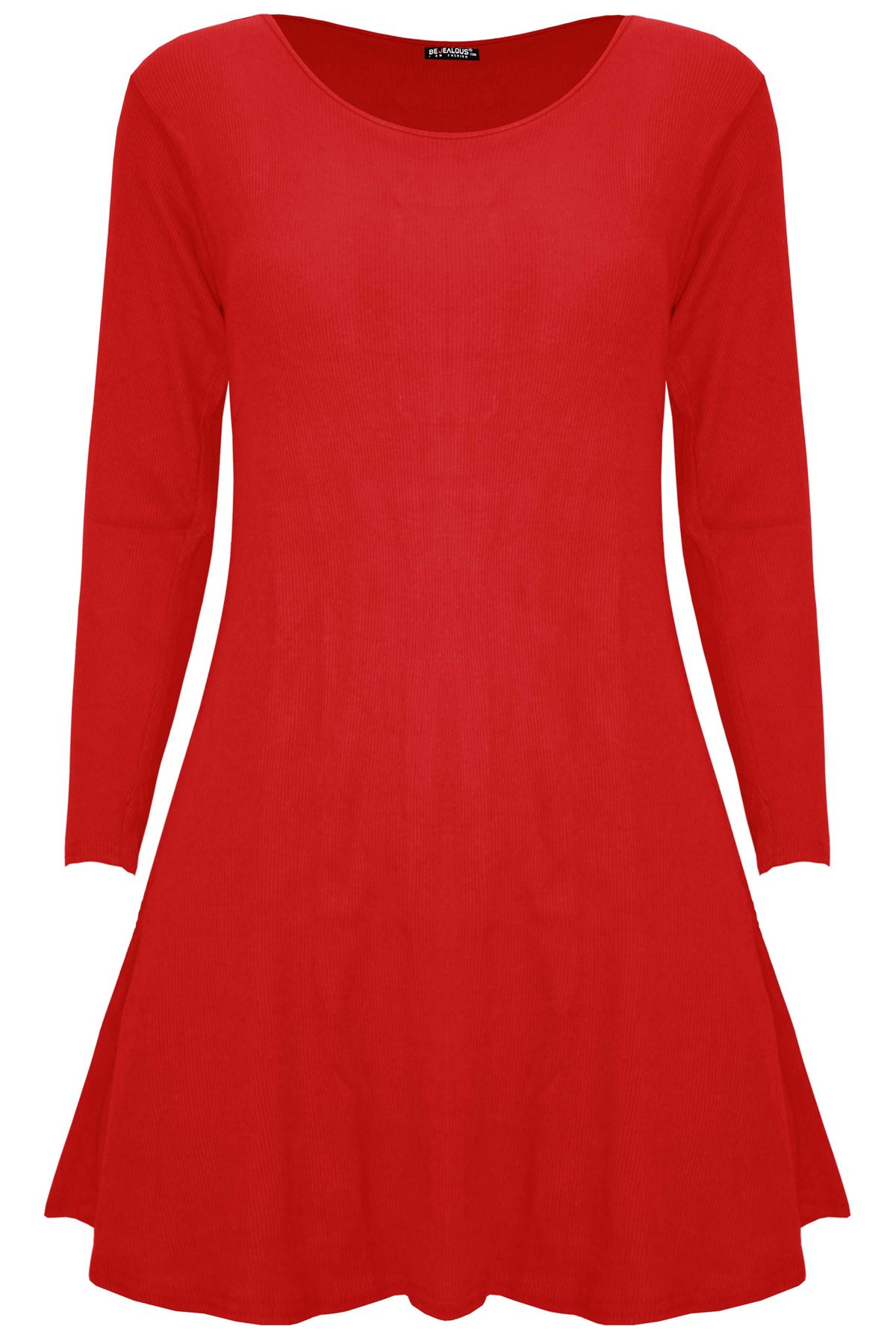 Womens Ladies Smock Ribbed Long Sleeve Stretchy A-Line Swing Flared Mini Dress - Picture 4 of 13