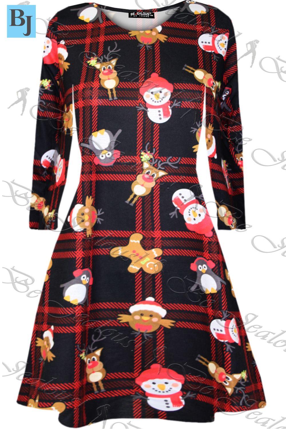 Kids Xmas Kissing Reindeer Snowflakes Aztec Print Christmas Girls Swing Dress - Picture 43 of 187