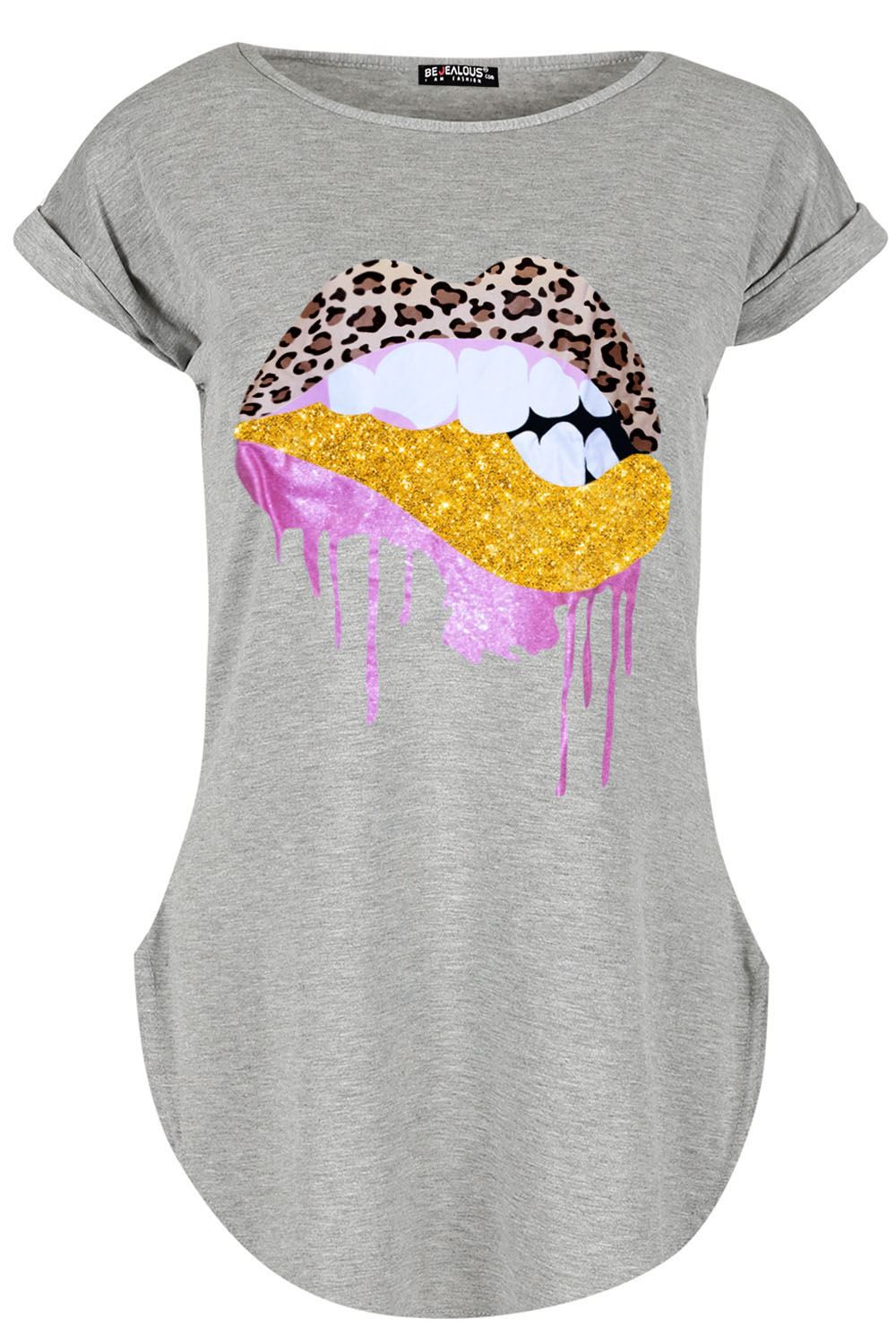 Womens Ladies Turn Up Cap Sleeve Glitter Biting Leopard Lips Curved Hem T Shirt - Picture 5 of 7