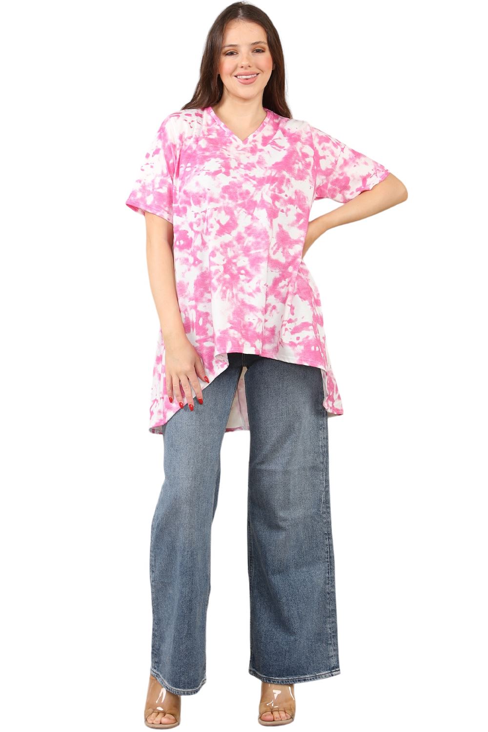 Womens Ladies V-Neck Short Sleeve Long Swing High Low Dipped Hem T-Shirt Top - Picture 26 of 40