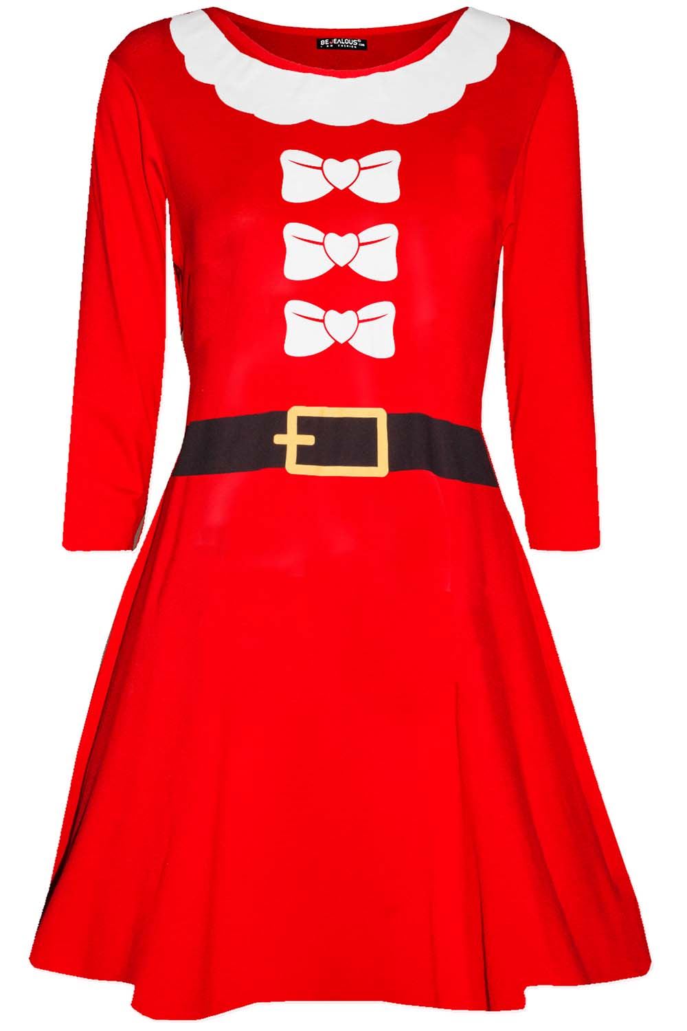 Girls Kids Christmas Santa Elf Costume Round Neck Long Sleeve Flared Swing Dress - Picture 6 of 9